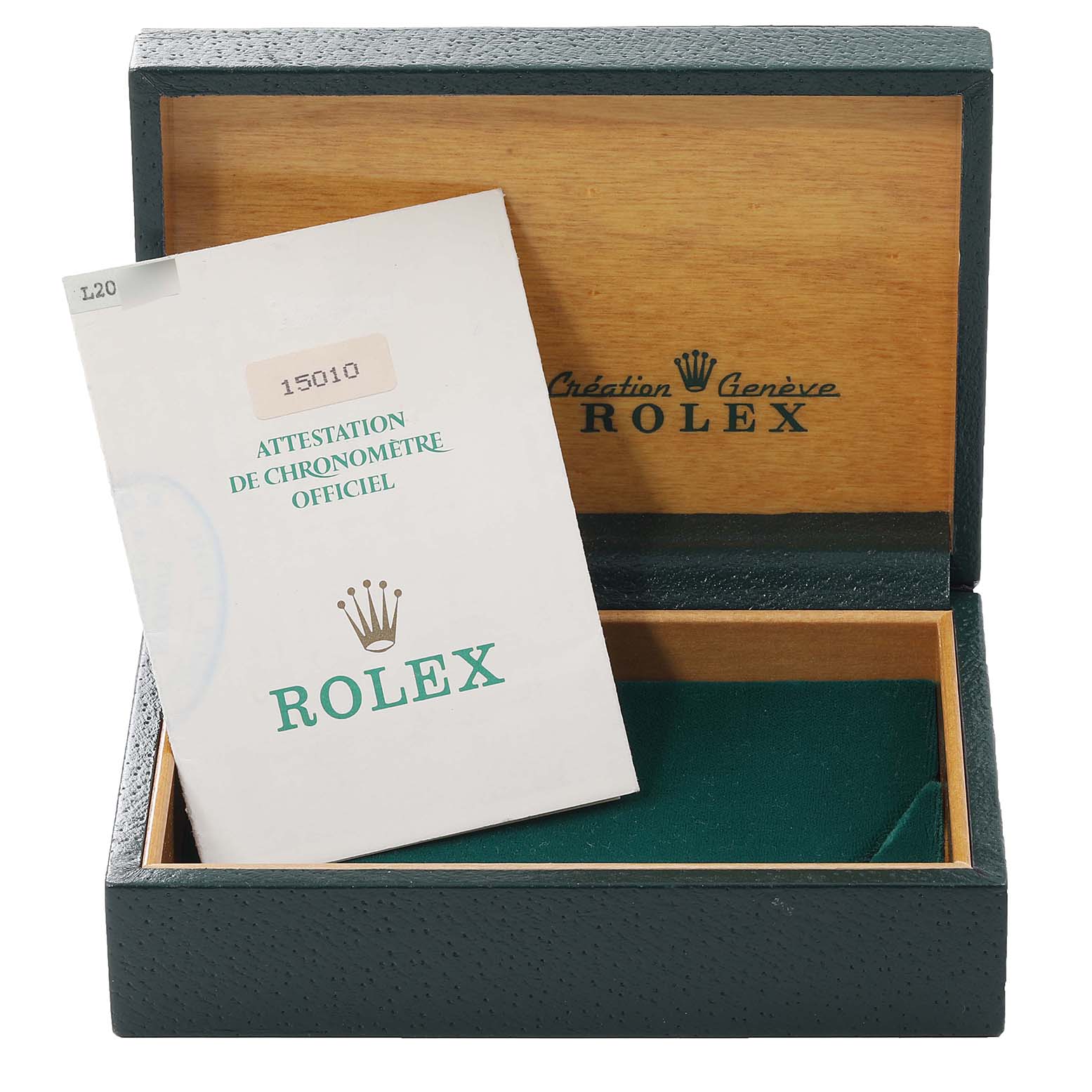 The image shows an open Rolex Vintage Collection 15010 Men's Stainless Steel Silver Dial 15010 Men's Stainless Steel Silver Dial watch box with a certificate booklet inside.