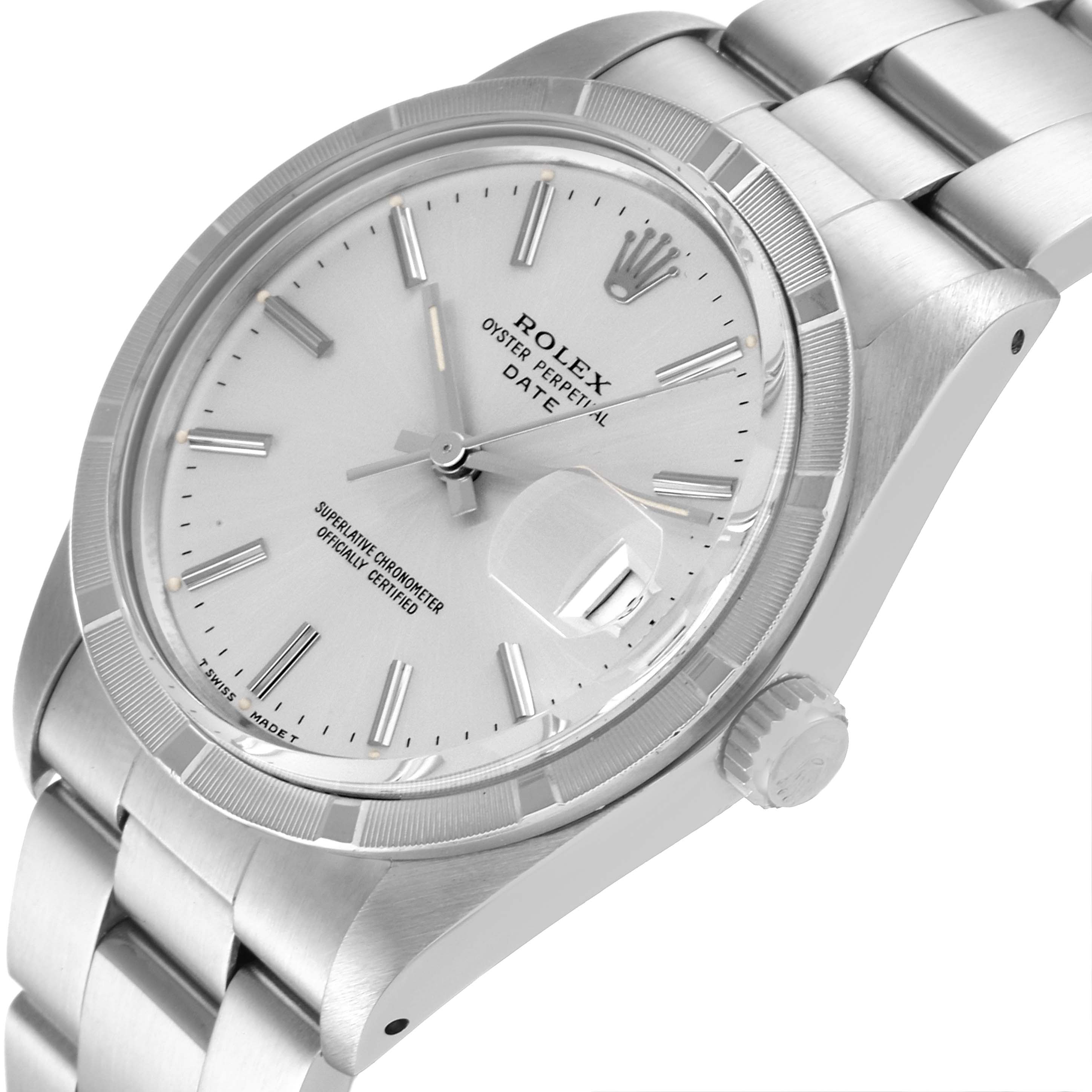 The image shows a close-up angled view of the face and stainless steel bracelet of a Vintage Collection Rolex Oyster Perpetual Date watch.