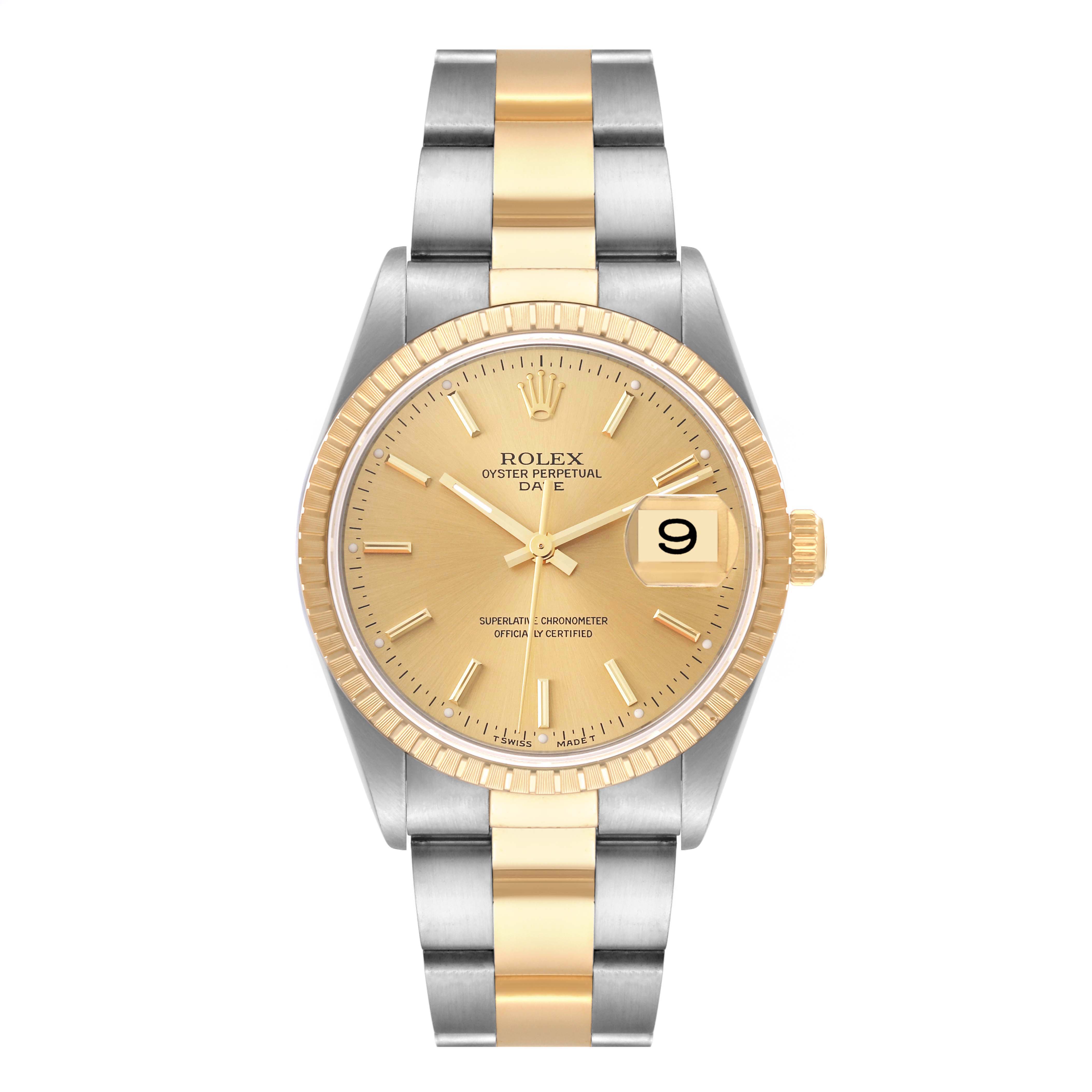 The image shows a front view of a Rolex Date 15223 Men's Steel and Gold (two tone) Champagne Dial 15223 Men's Steel and Gold (two tone) Champagne Dial model watch with a gold and silver two-tone bracelet and a gold dial.