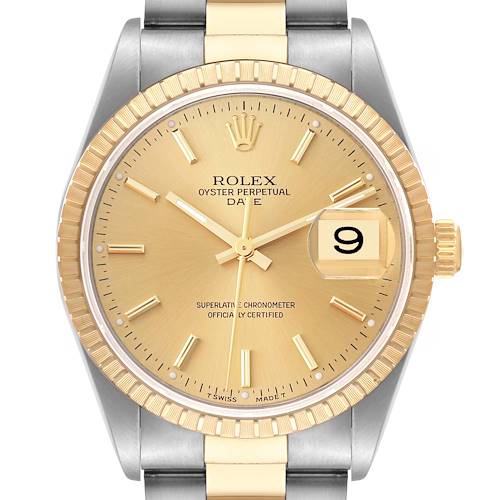 Photo of Rolex Date Steel Yellow Gold Engine Turned Bezel Mens Watch 15223 Box Papers