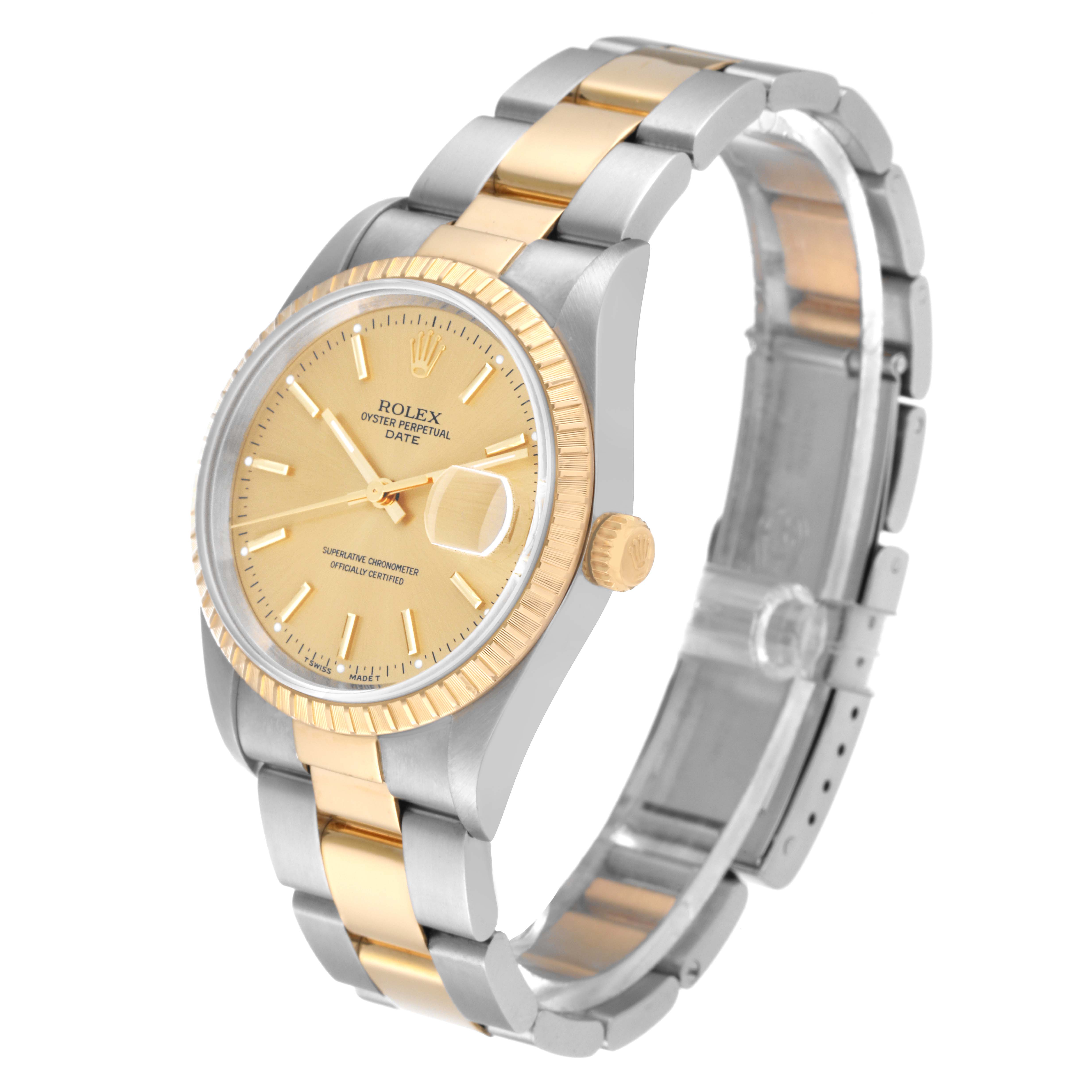 This image shows a Rolex Date 15223 Men's Steel and Gold (two tone) Champagne Dial 15223 Men's Steel and Gold (two tone) Champagne Dial model watch at a three-quarter angle, highlighting the dial, bezel, and bracelet.