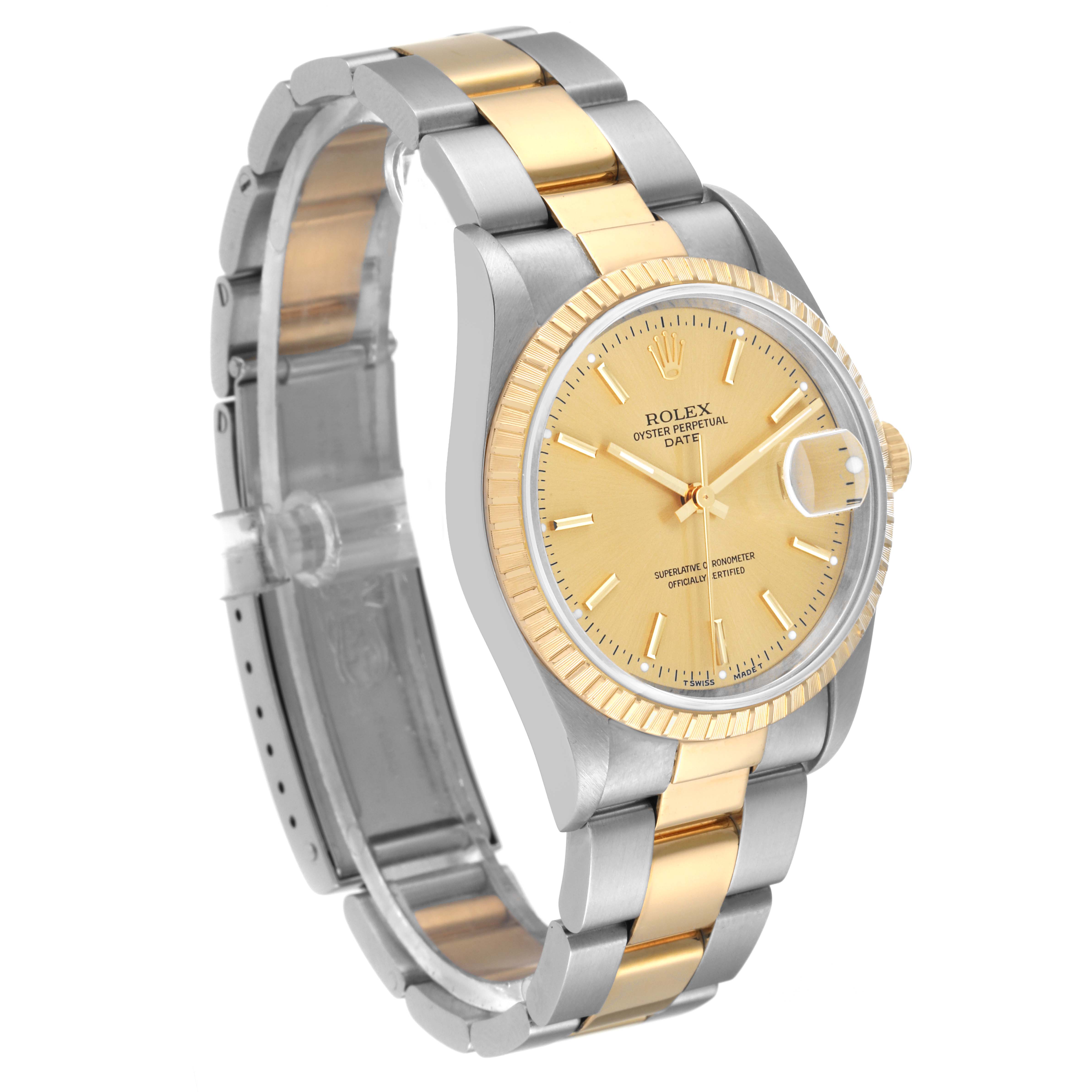 The image shows a Rolex Date 15223 Men's Steel and Gold (two tone) Champagne Dial 15223 Men's Steel and Gold (two tone) Champagne Dial model watch angled to display the face, bezel, and bracelet.