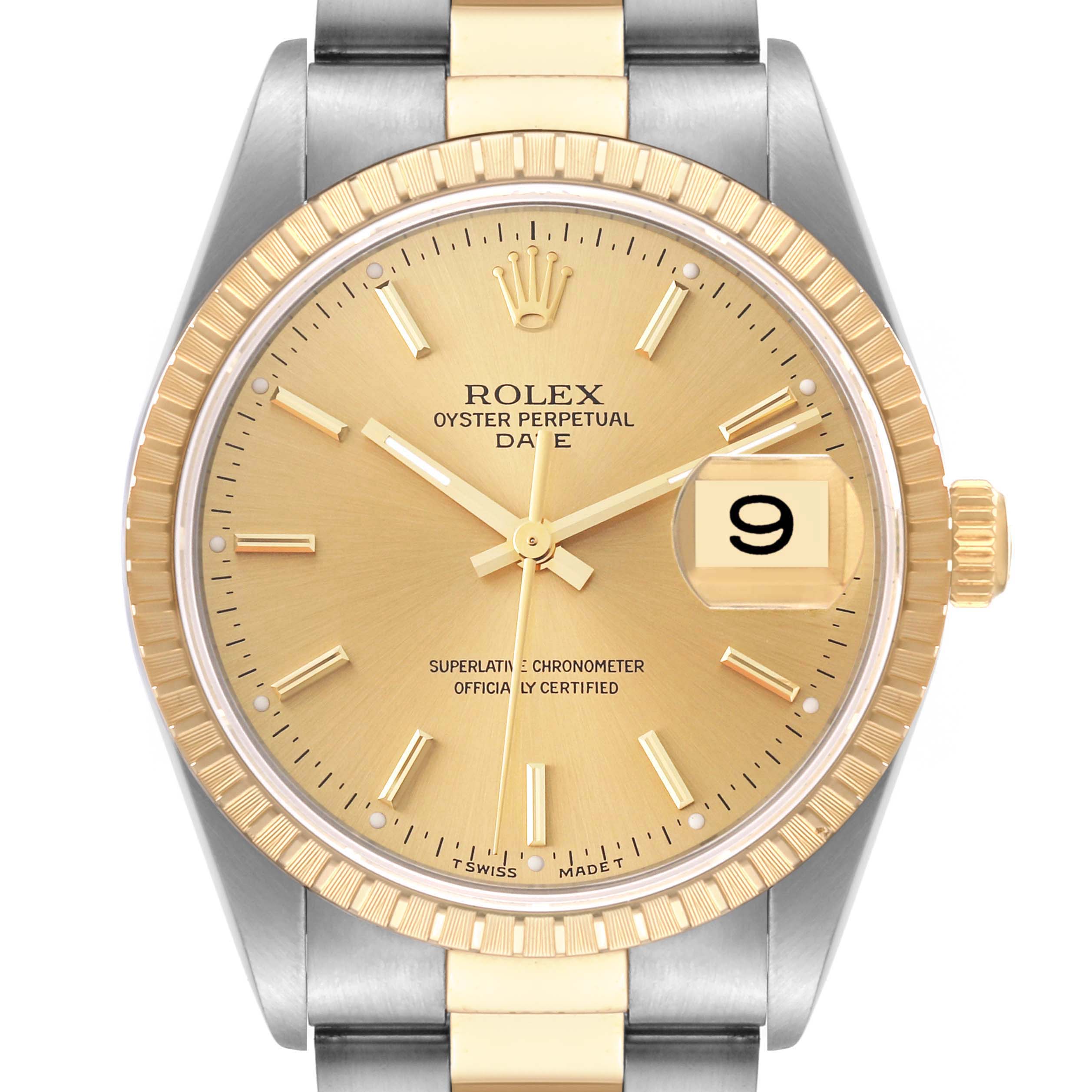 This image shows a front view of a Rolex Oyster Perpetual Date, highlighting the dial, bezel, and part of the bracelet.