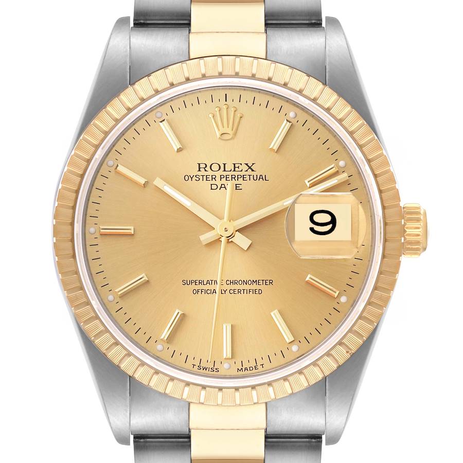 Rolex Date Steel Yellow Gold Engine Turned Bezel Mens Watch 15223 Box Papers SwissWatchExpo