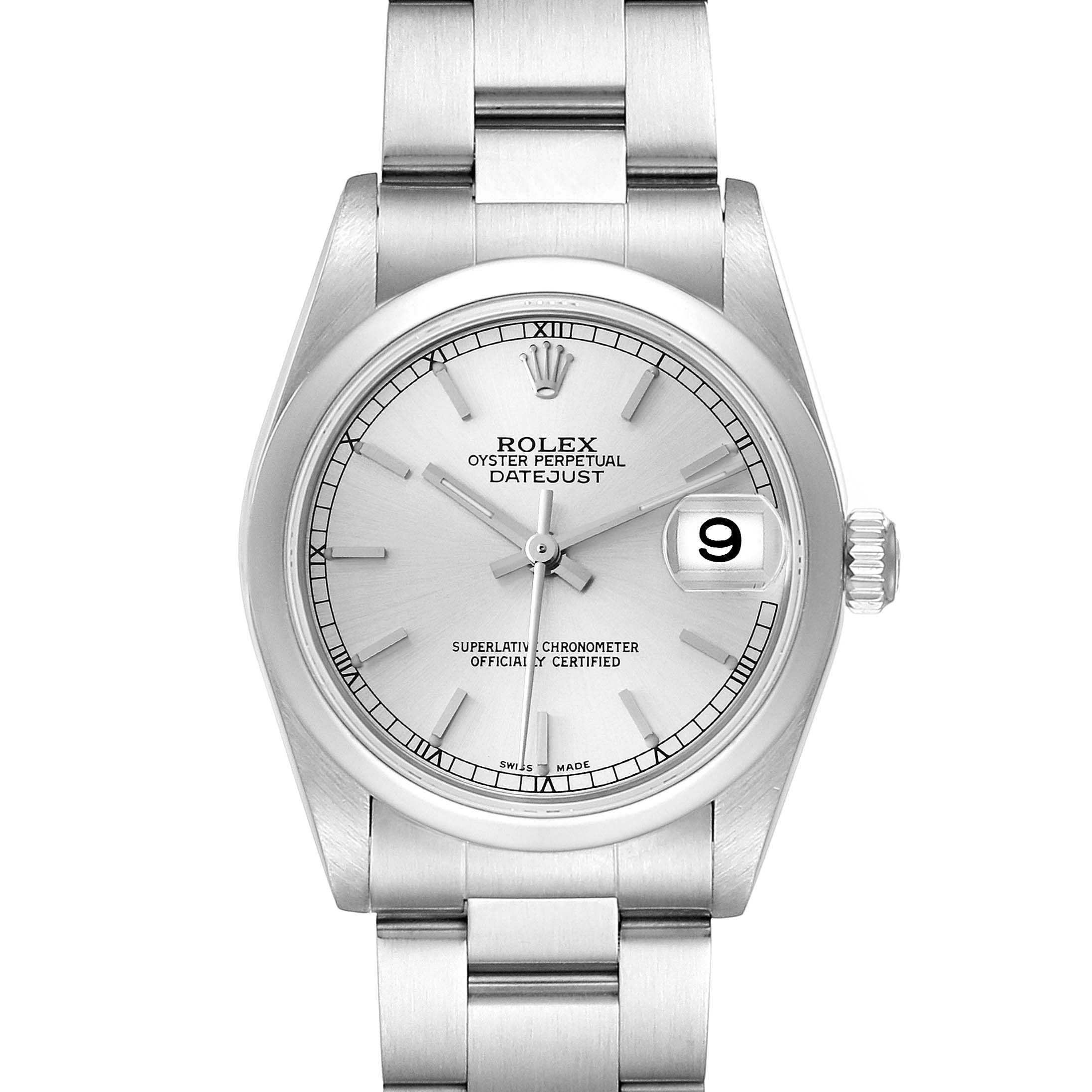 This is a front view of the Rolex Mid-Size 78240 Women
s Stainless Steel Silver Dial 78240 Women
s Stainless Steel Silver Dial Datejust watch, showing the dial, date window, hands, and bracelet.