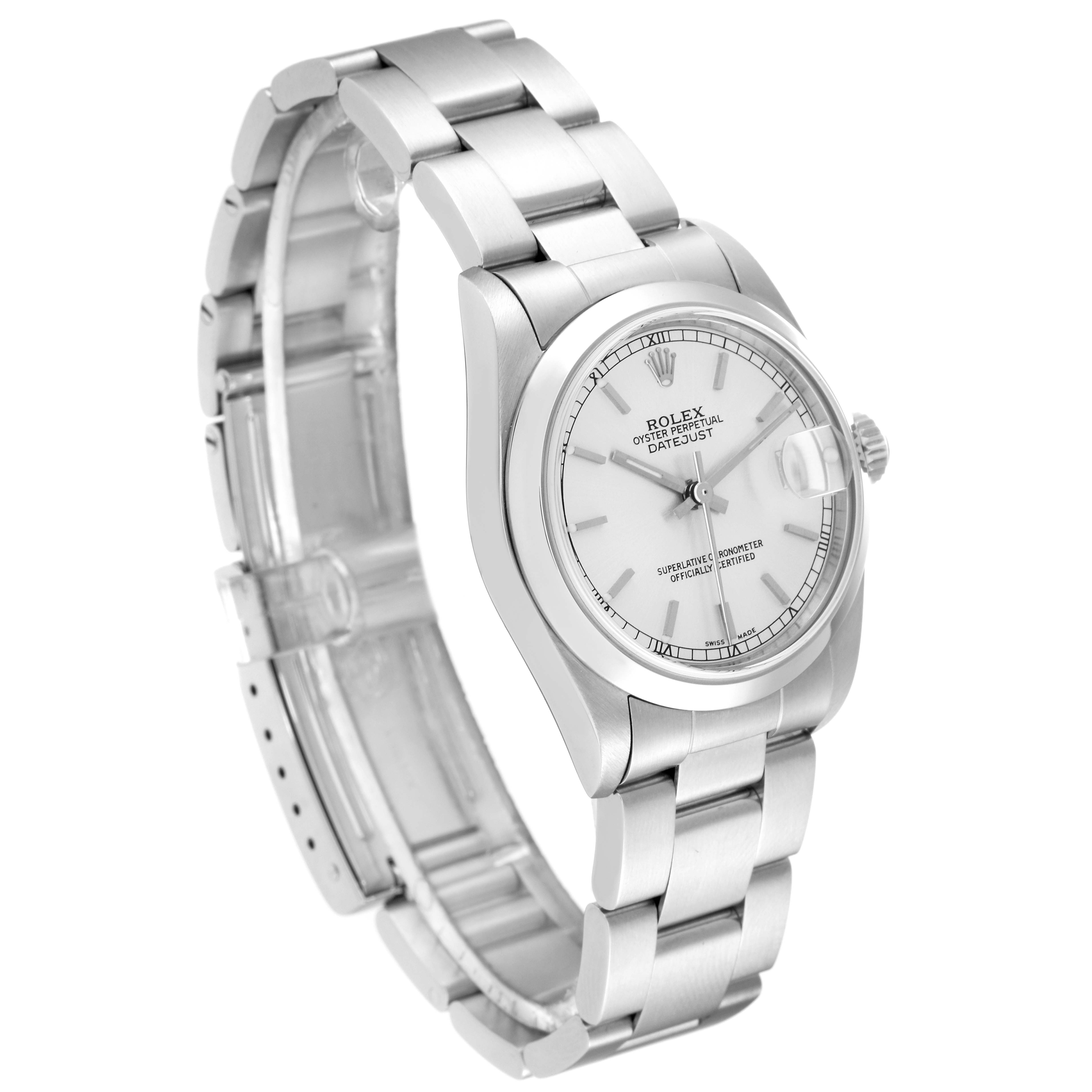 The image shows a side view of a Rolex Mid-Size 78240 Women
s Stainless Steel Silver Dial 78240 Women
s Stainless Steel Silver Dial model, highlighting the bracelet, dial, and crown.