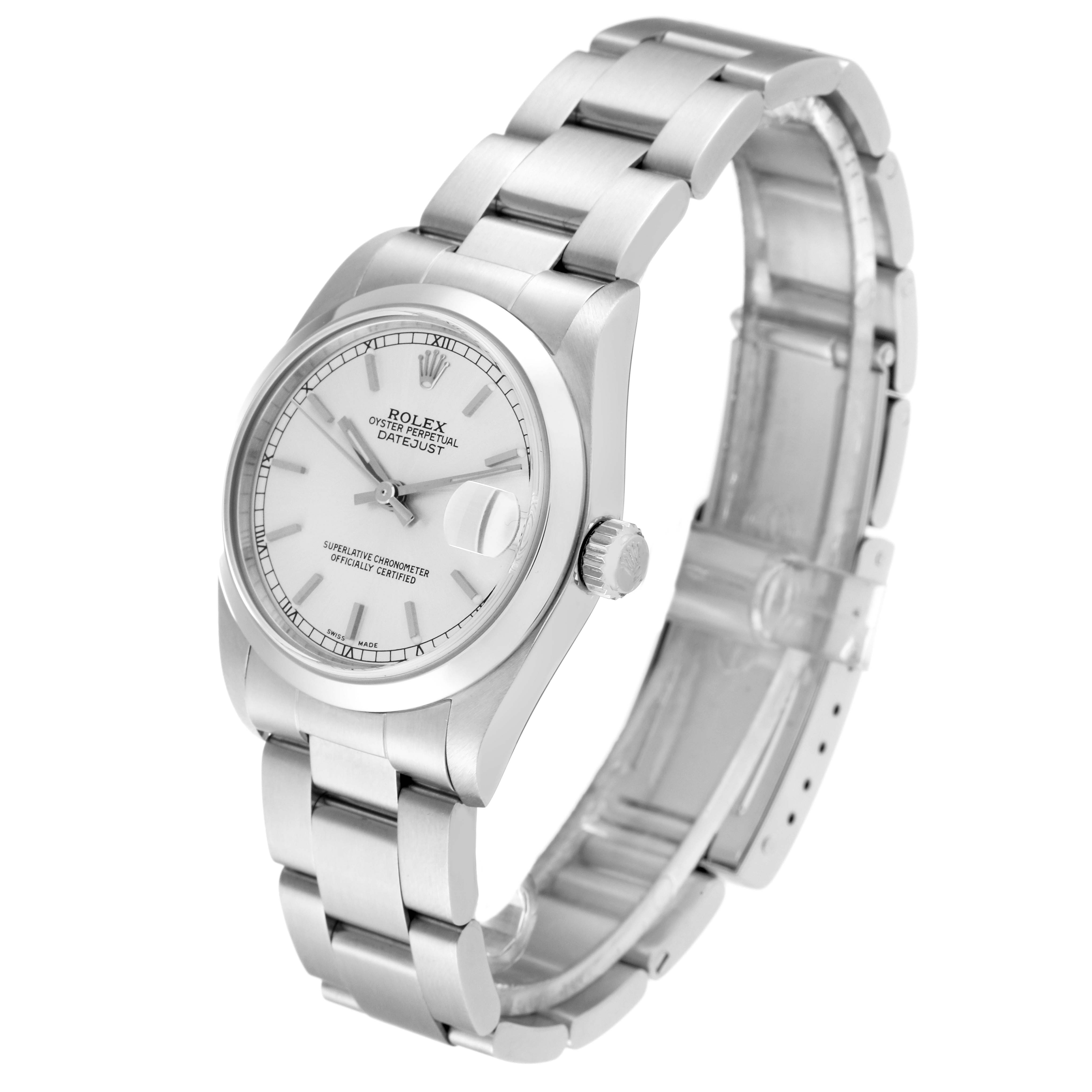 The image shows a Rolex Mid-Size 78240 Women
s Stainless Steel Silver Dial 78240 Women
s Stainless Steel Silver Dial Datejust watch from a three-quarter angle, highlighting the dial, bracelet, and crown.