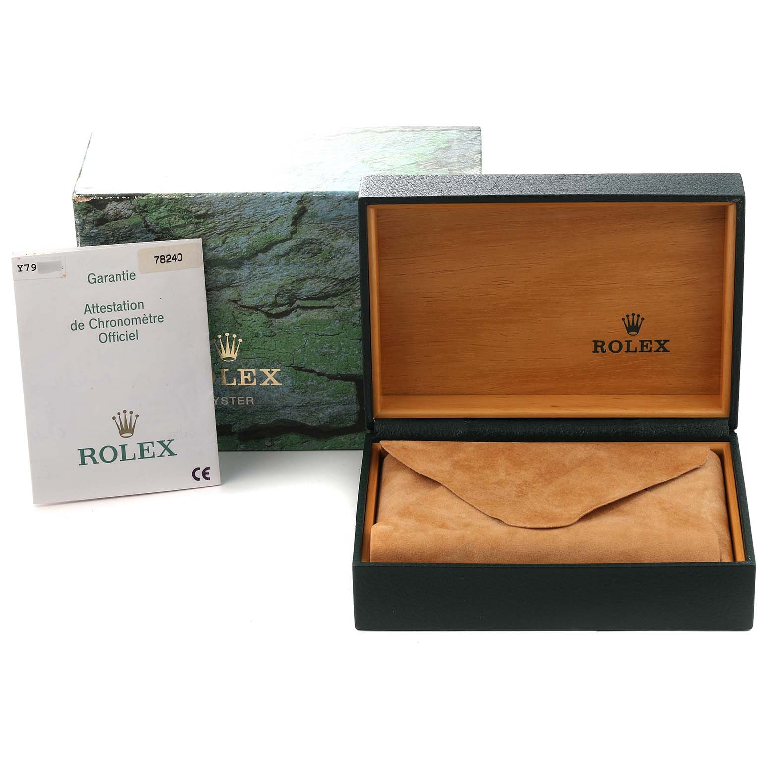 The image shows an open Rolex watch box for a Mid-Size model, along with its guarantee card and outer packaging.