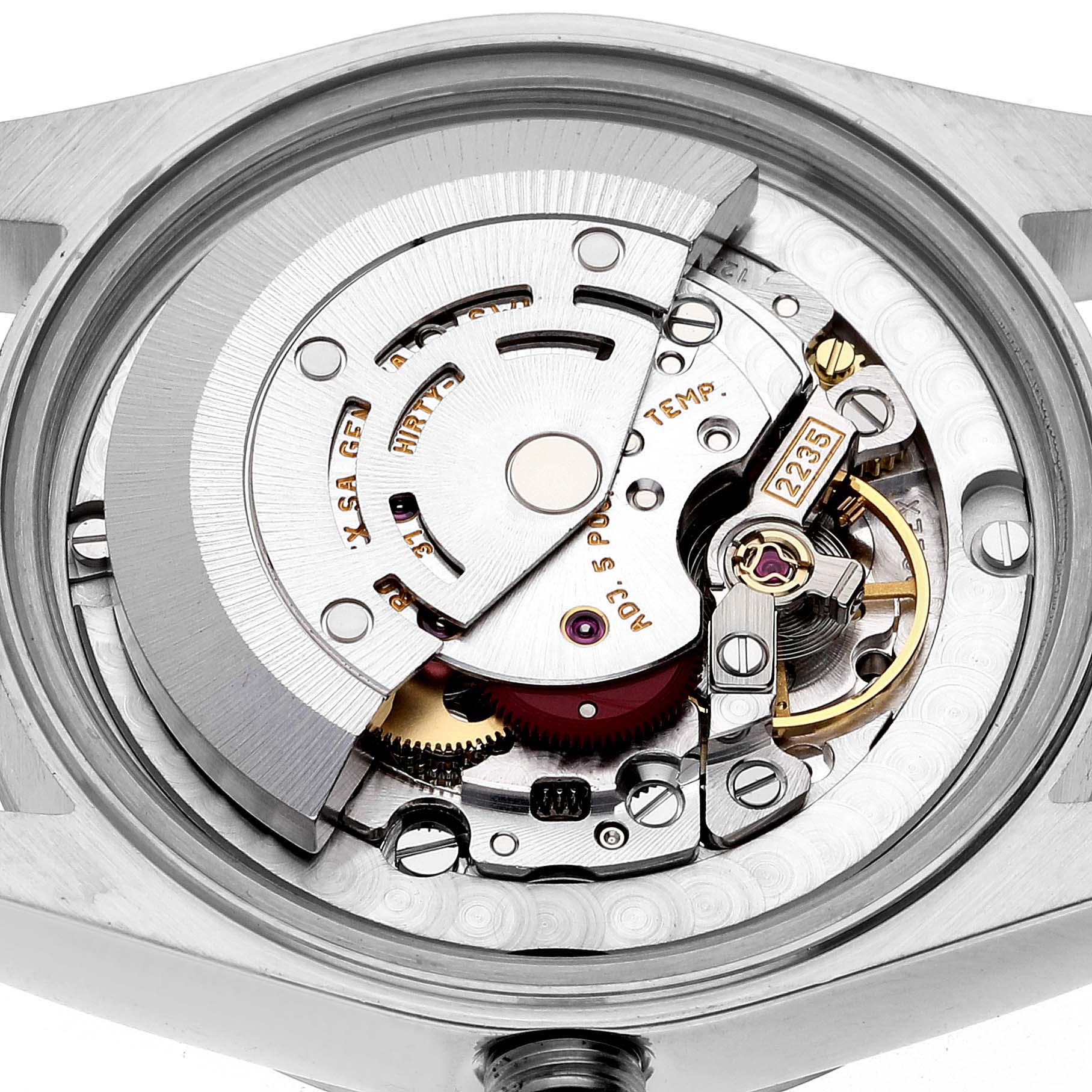 This image shows the internal mechanism of a Rolex Mid-Size 78240 Women
s Stainless Steel Silver Dial 78240 Women
s Stainless Steel Silver Dial model watch from a close-up top-down angle.