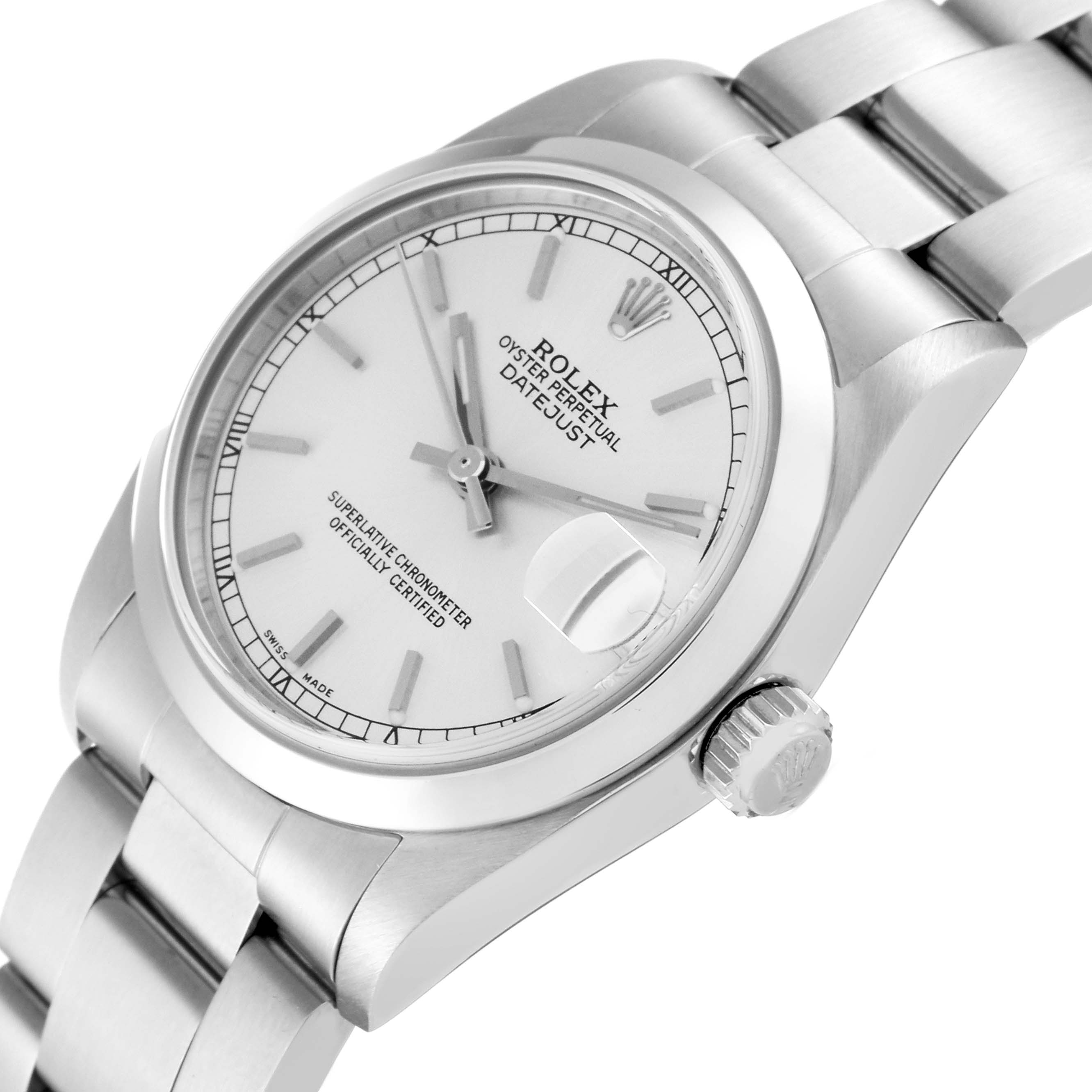 The image shows a Rolex Mid-Size 78240 Women
s Stainless Steel Silver Dial 78240 Women
s Stainless Steel Silver Dial Datejust watch angled slightly from the front, displaying its face, crown, and part of the band.