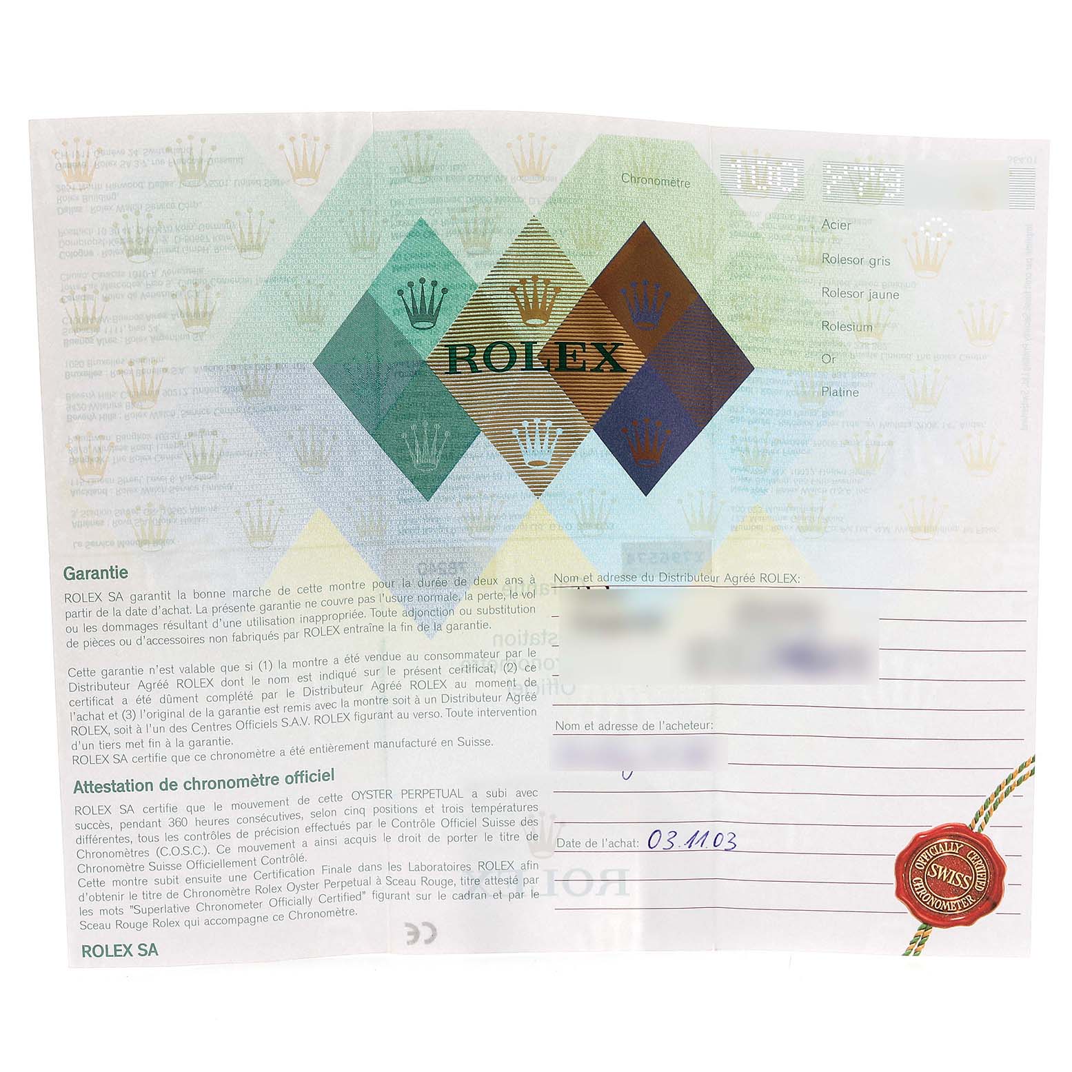 This image shows a Rolex warranty certificate at a straight-on angle.