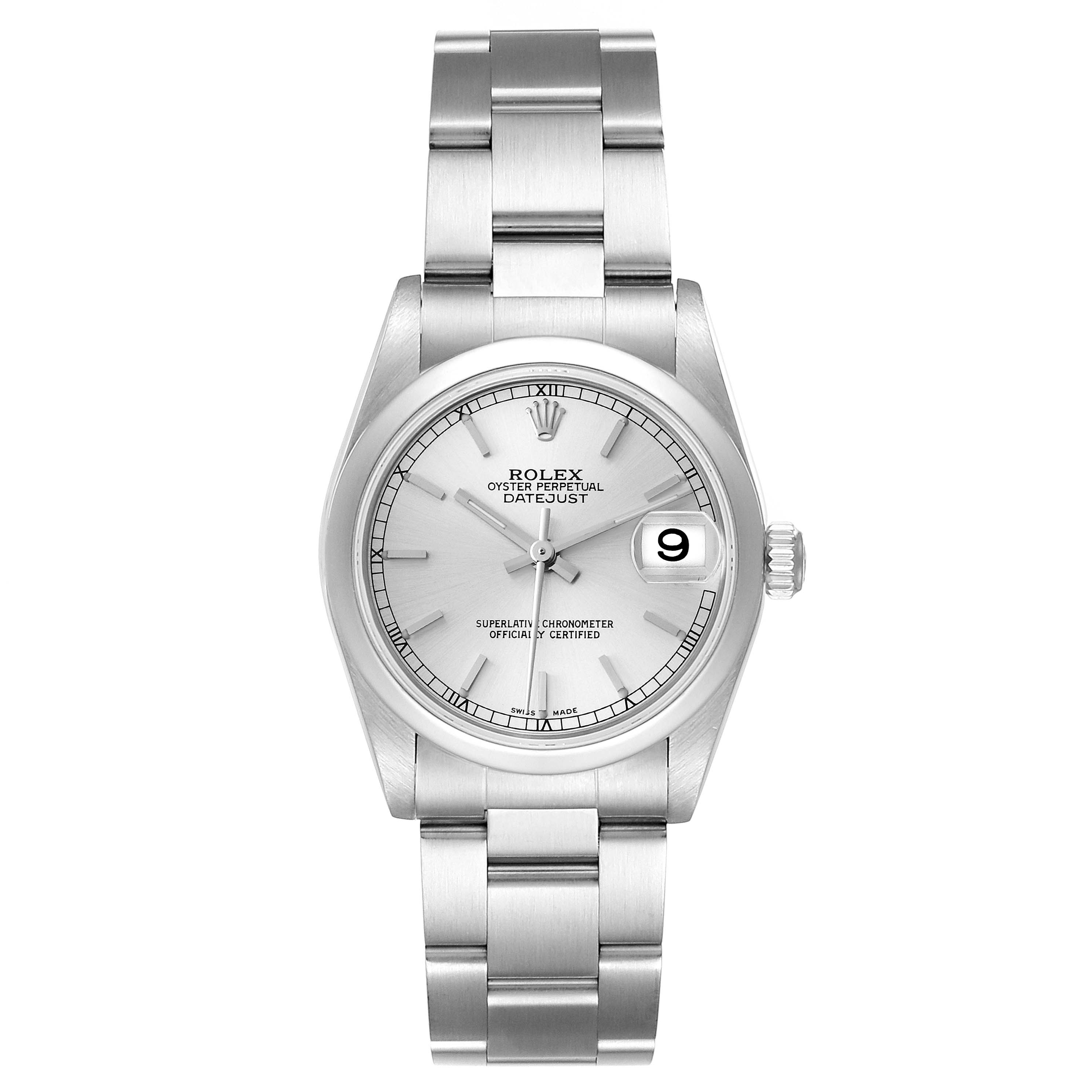 This Rolex Mid-Size 78240 Women
s Stainless Steel Silver Dial 78240 Women
s Stainless Steel Silver Dial Datejust is shown from the front, displaying its dial, bracelet, and clasp in a vertical position.