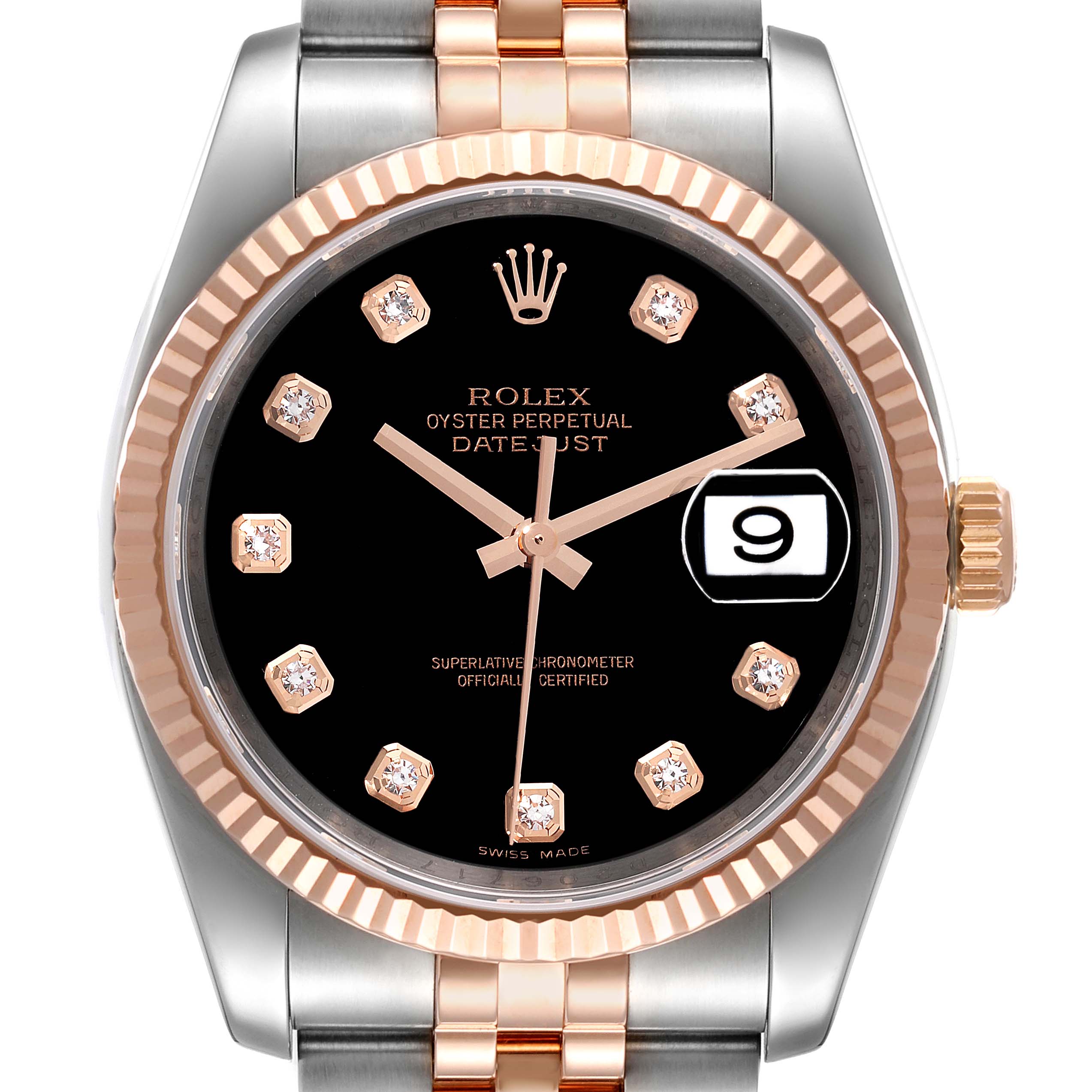 The image shows a Rolex Datejust 116231 Men's Steel and Gold (two tone) Black Dial 116231 Men's Steel and Gold (two tone) Black Dial watch from the front, highlighting the dial, bezel, crown, and part of the bracelet.