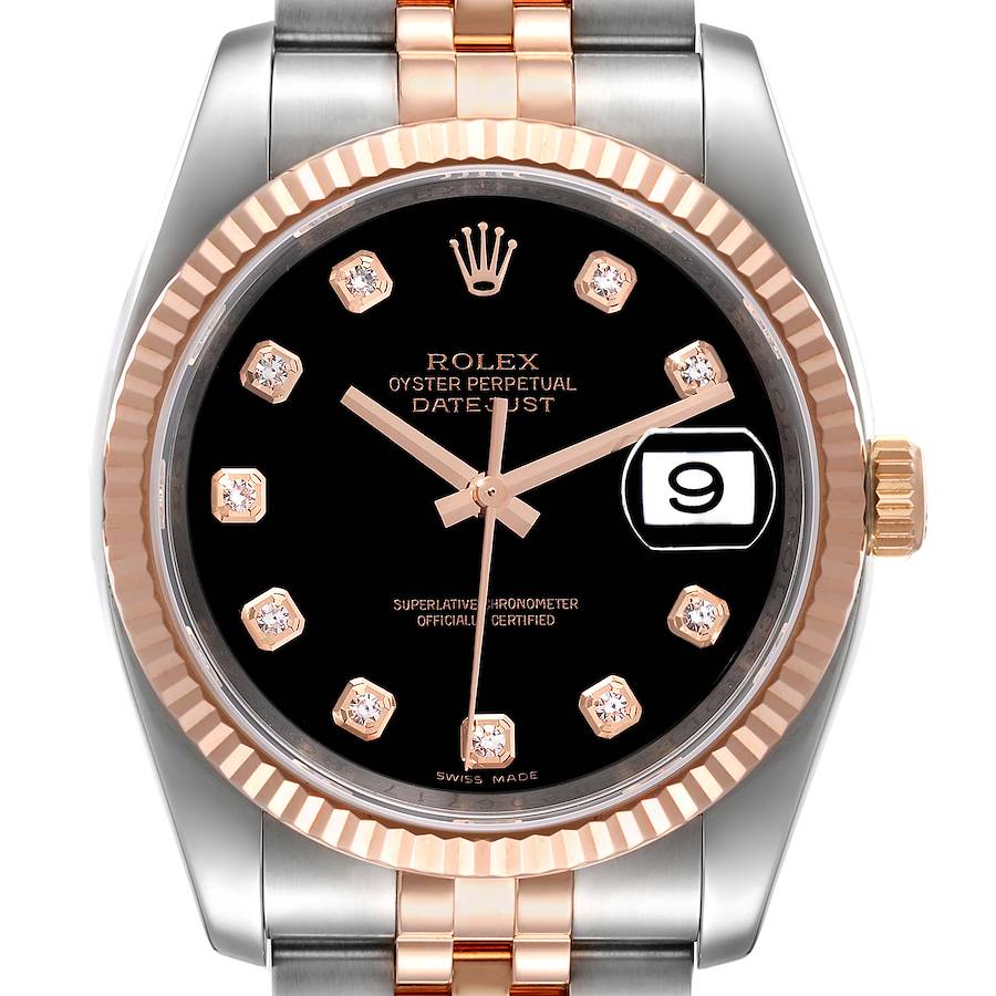 Rolex Datejust 36 Steel Rose Gold Black Diamond Dial Mens Watch 116231 SwissWatchExpo