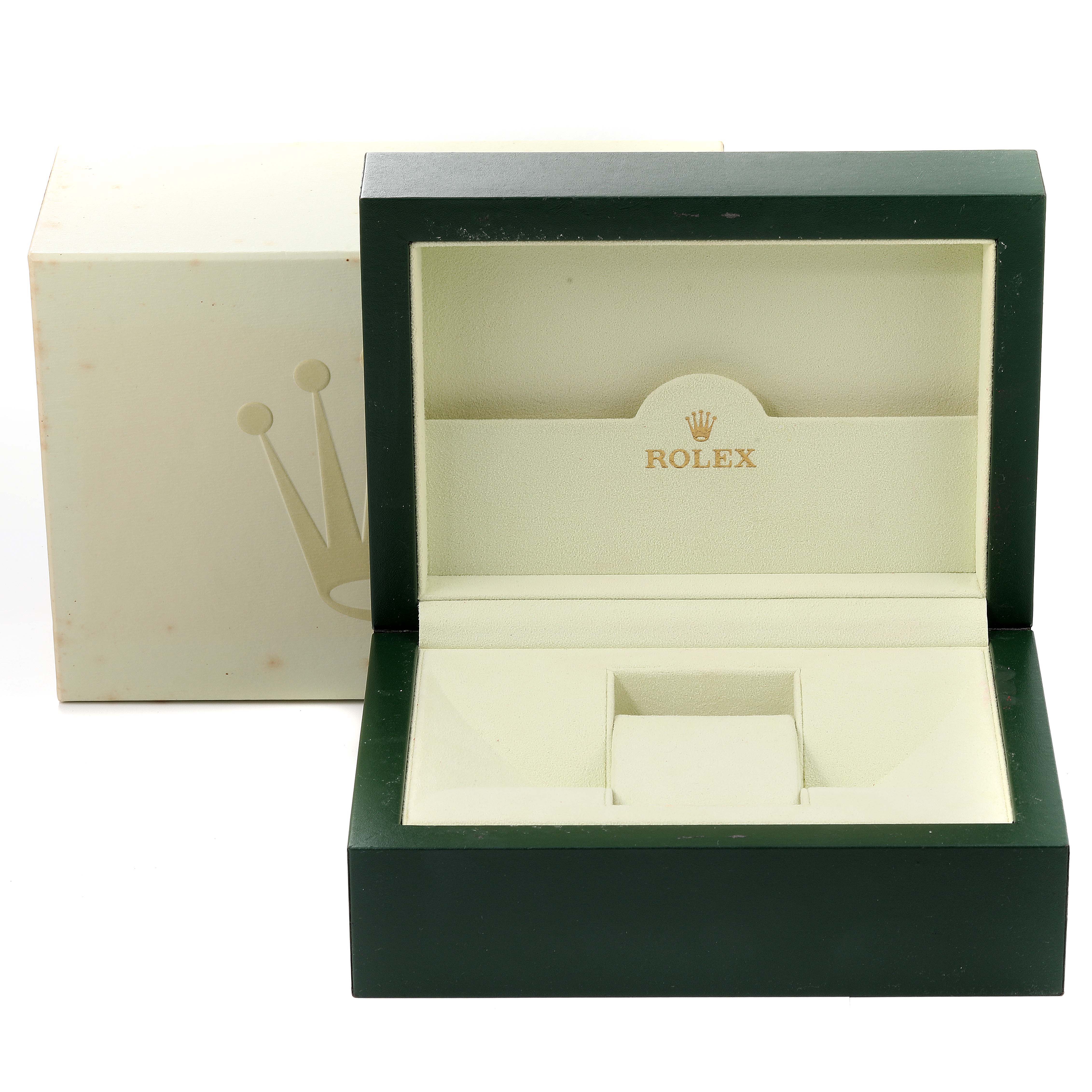 The image shows an open box for a Rolex Datejust 116231 Men's Steel and Gold (two tone) Black Dial 116231 Men's Steel and Gold (two tone) Black Dial watch, featuring an empty holder and the brand's logo inside.