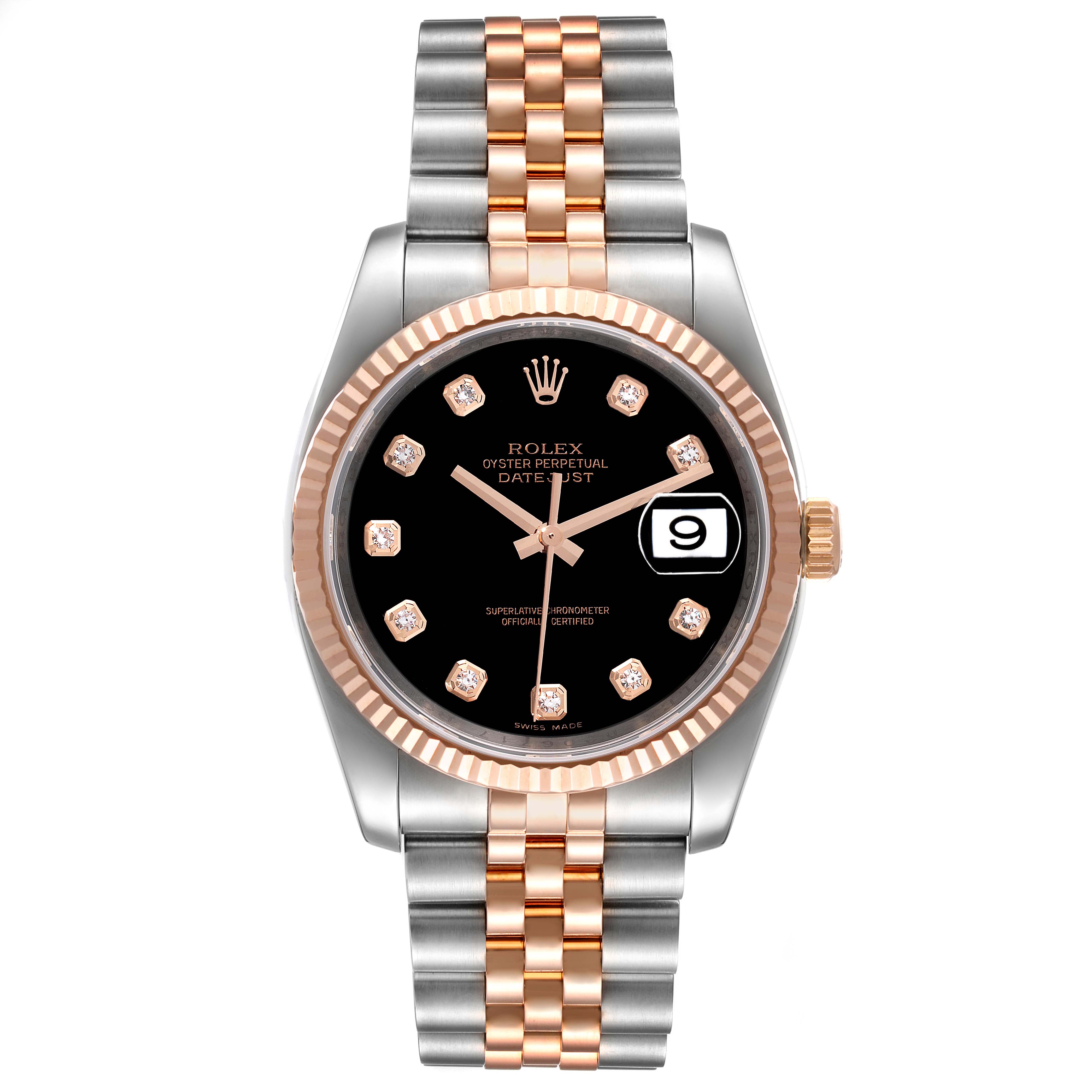 Front view of a Rolex Datejust 116231 Men's Steel and Gold (two tone) Black Dial 116231 Men's Steel and Gold (two tone) Black Dial watch showcasing its dial, bezel, crown, and bracelet.