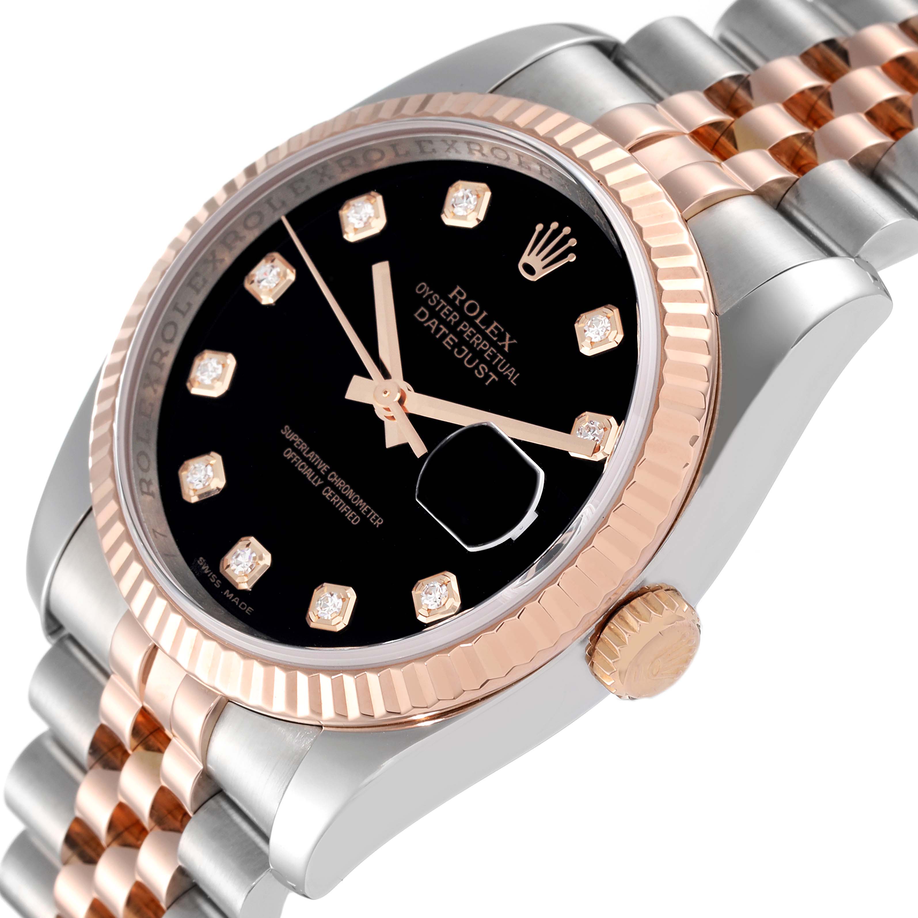 This image shows a Rolex Datejust 116231 Men's Steel and Gold (two tone) Black Dial 116231 Men's Steel and Gold (two tone) Black Dial watch at an angle highlighting the dial, fluted bezel, crown, and part of the bracelet.