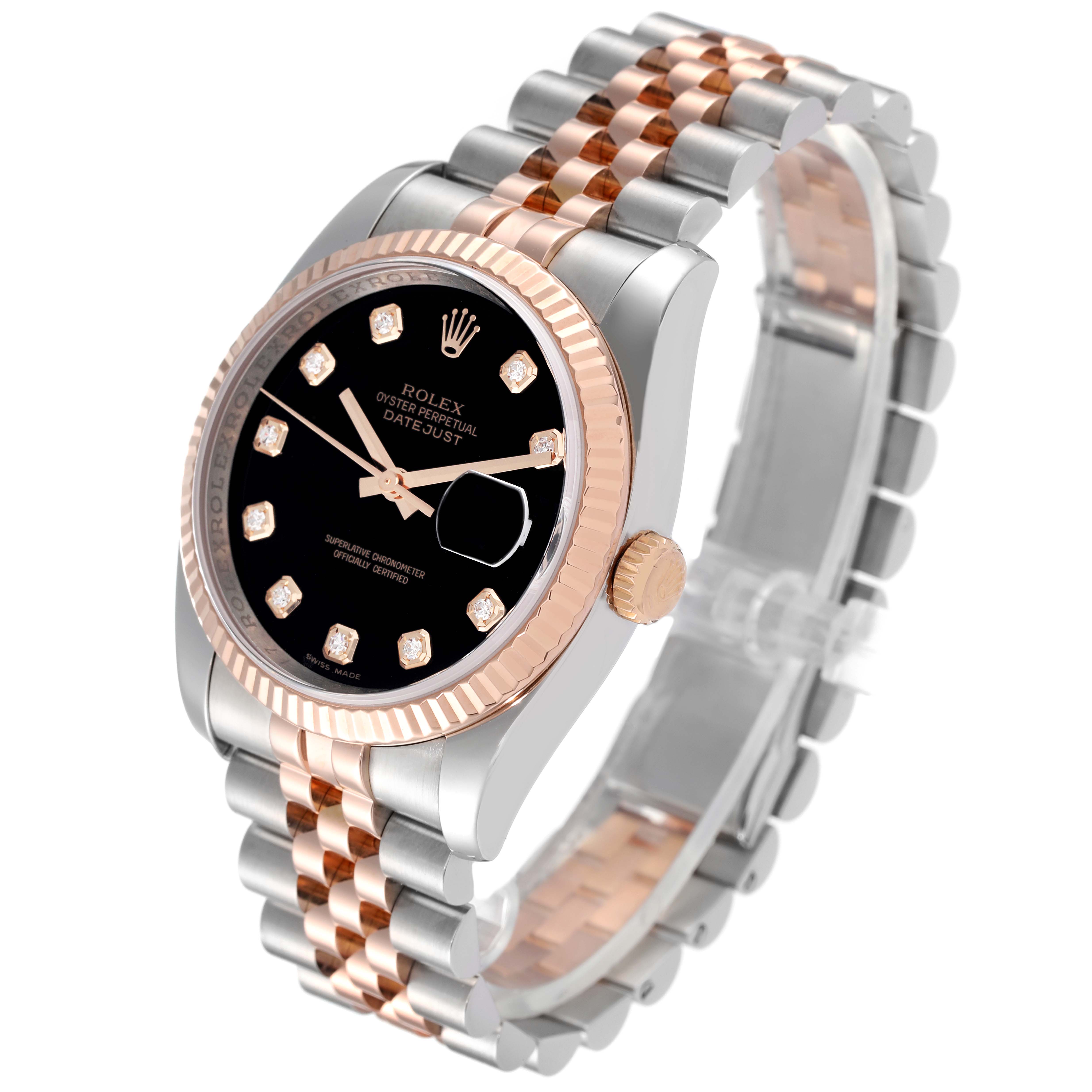 Rolex Datejust 36 Steel Rose Gold Black Diamond Dial Mens Watch 116231 SwissWatchExpo