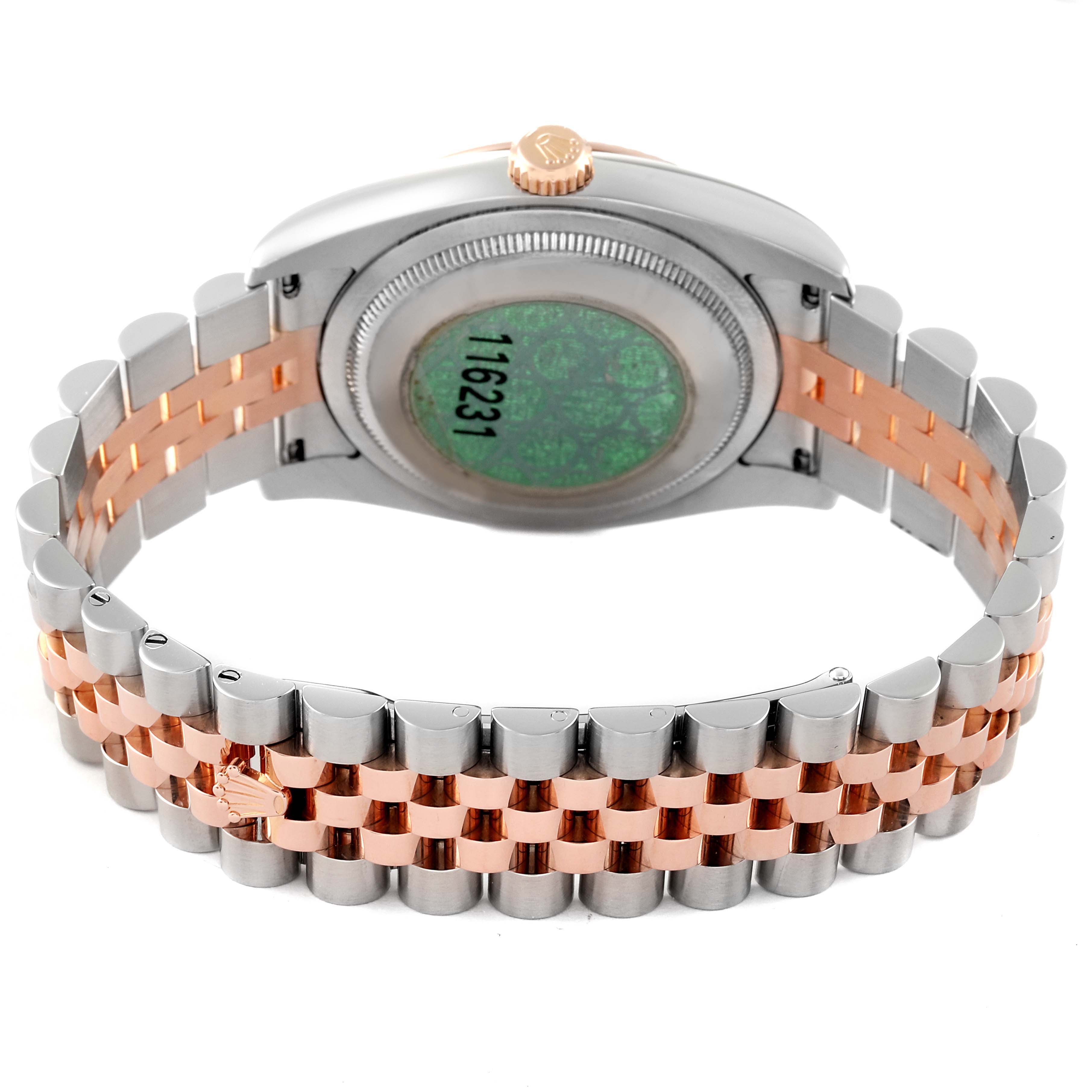 The image shows the back view of a Rolex Datejust 116231 Men's Steel and Gold (two tone) Black Dial 116231 Men's Steel and Gold (two tone) Black Dial watch, highlighting its two-tone bracelet and case back.