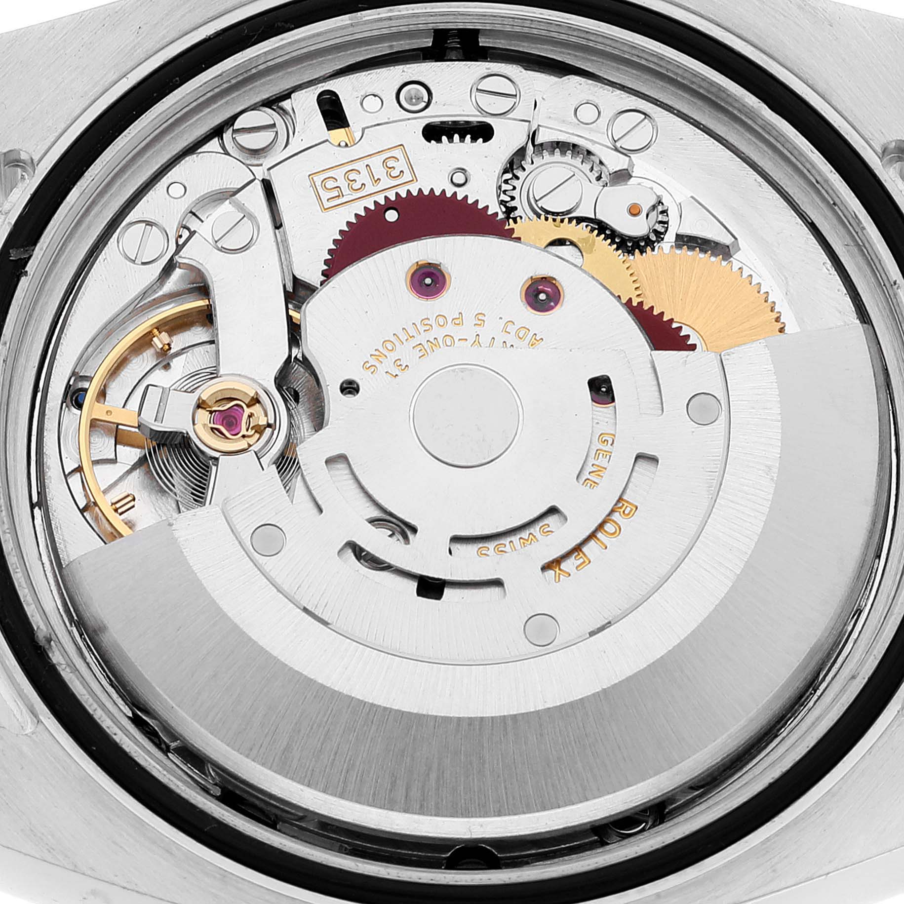 This image shows the internal mechanics and movement of a Rolex Datejust 116231 Men's Steel and Gold (two tone) Black Dial 116231 Men's Steel and Gold (two tone) Black Dial watch from a top-down angle.