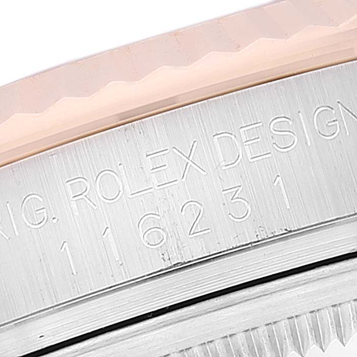 This image shows a close-up view of the side of a Datejust Rolex watch, featuring the engraved model number.