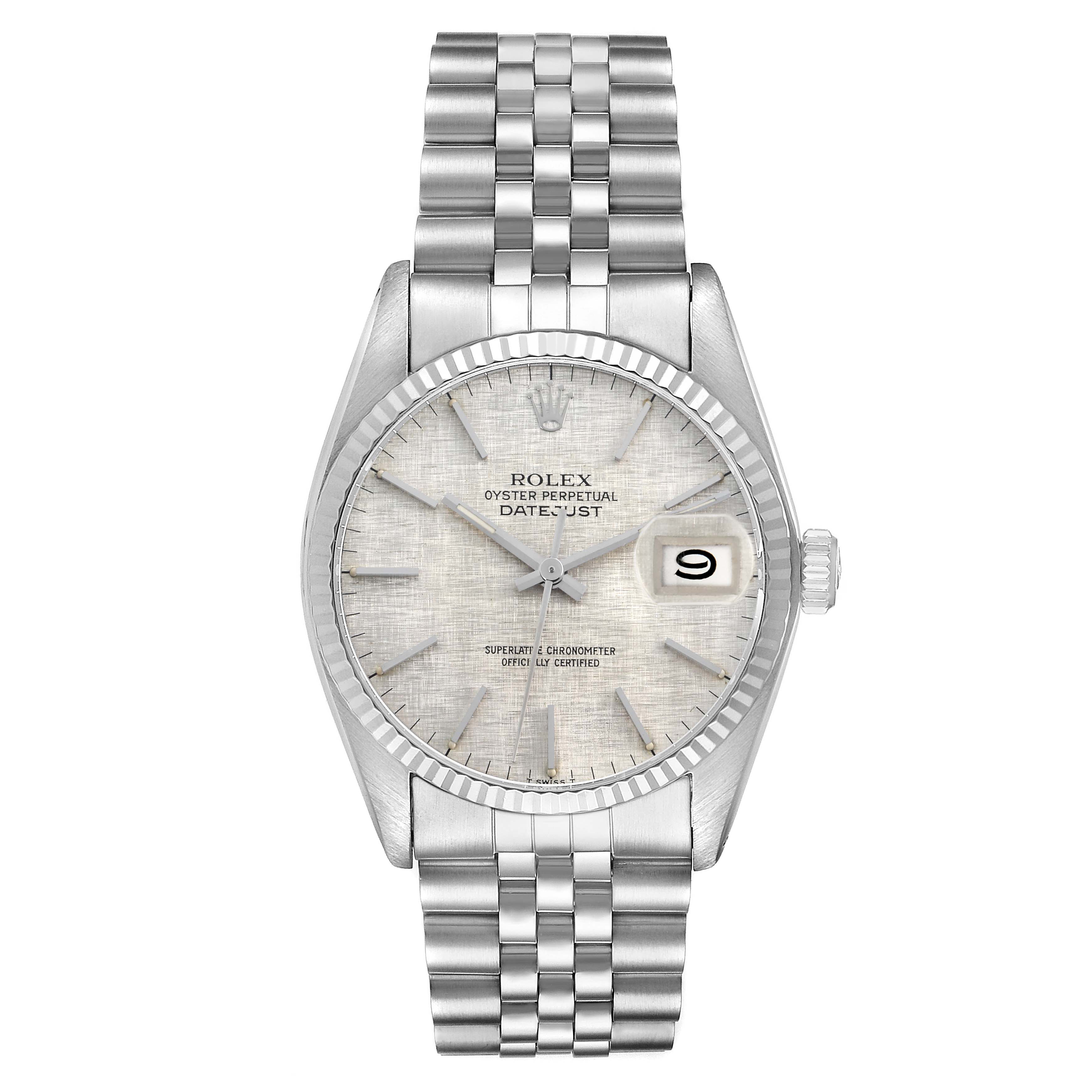The Rolex Datejust 16014 Men
s Stainless Steel Silver Dial watch is shown from a front view, displaying the dial, bezel, crown, and bracelet.