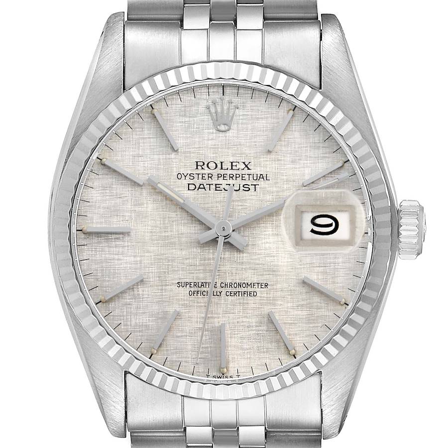 The Rolex Datejust 16014 Men's Stainless Steel Silver Dial watch is shown from the front, displaying the dial, hands, fluted bezel, and part of the bracelet.