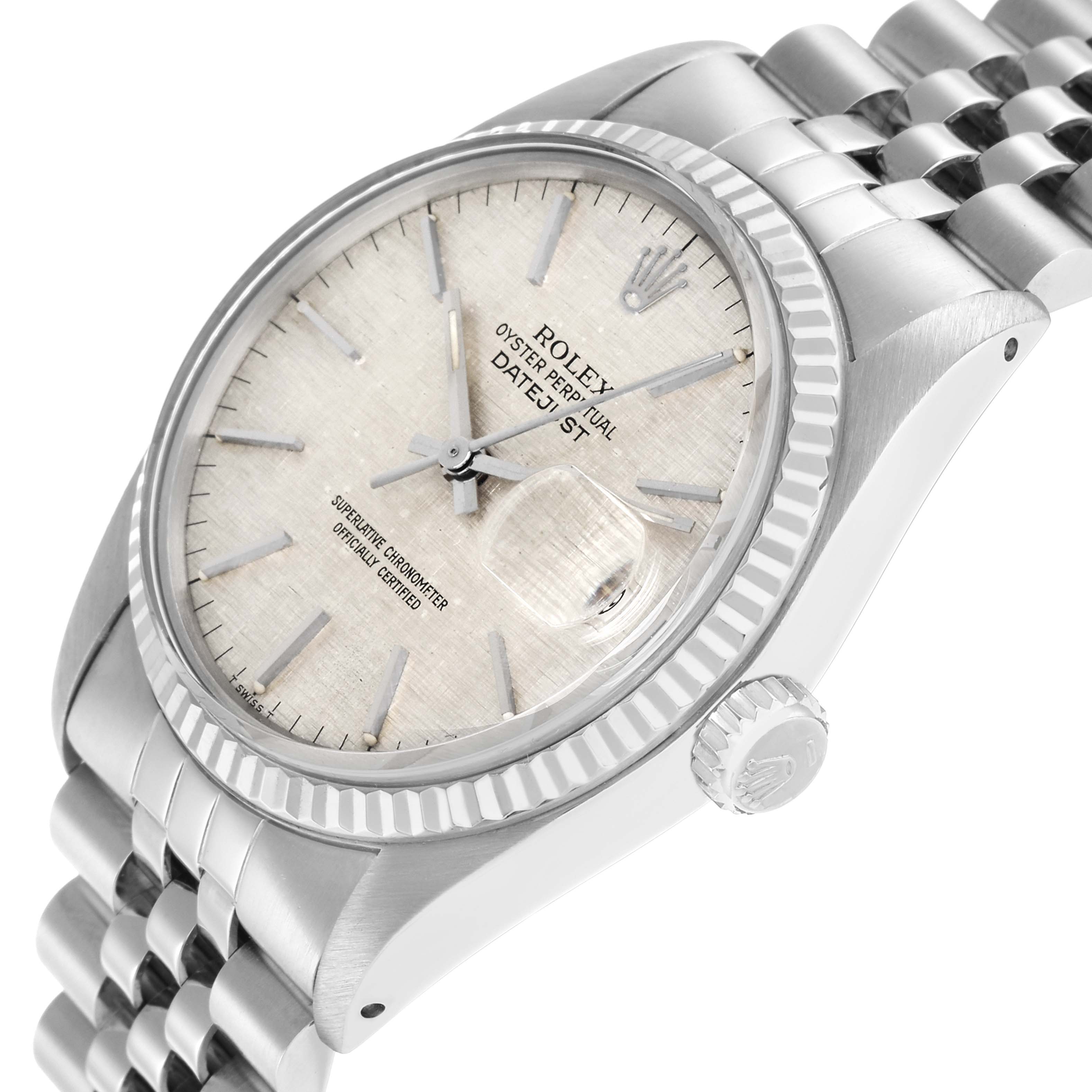 The image shows a Rolex Datejust 16014 Men
s Stainless Steel Silver Dial watch at an angled view highlighting the dial, bezel, crown, and part of the bracelet.