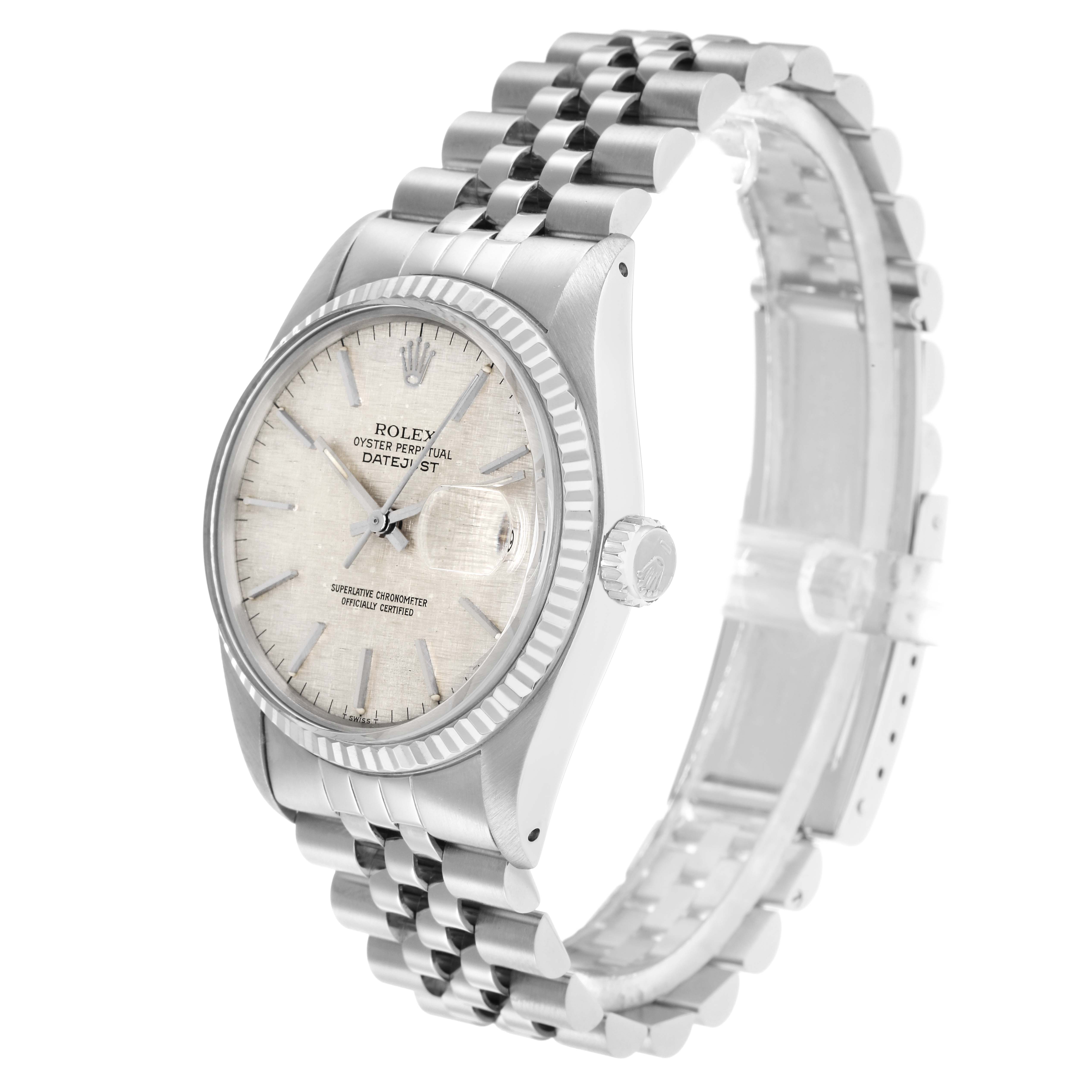 The Rolex Datejust 16014 Men
s Stainless Steel Silver Dial watch is shown at a three-quarter angle, displaying the dial, bezel, crown, and Jubilee bracelet.