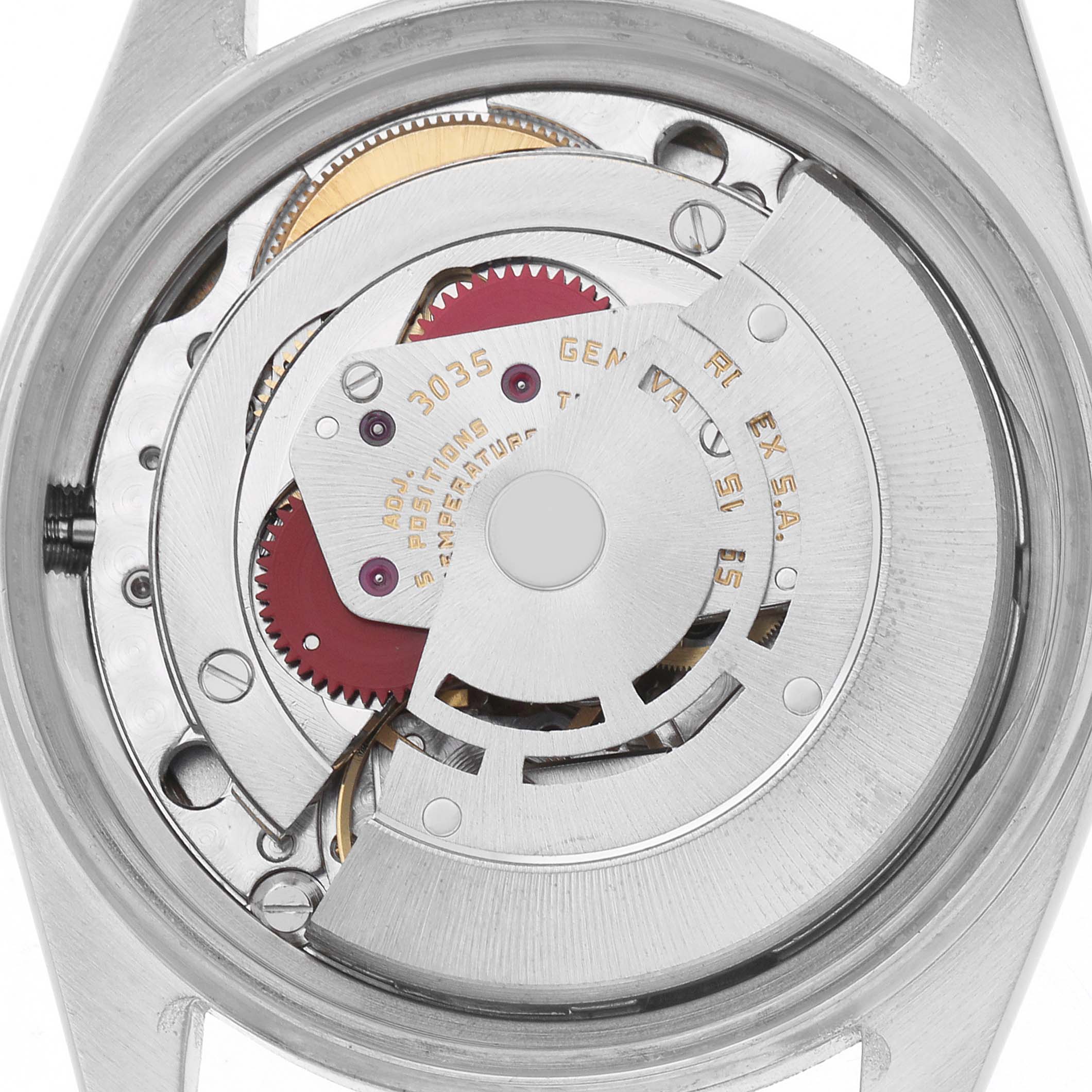 The image shows the movement and inner mechanism of a Rolex Datejust 16014 Men
s Stainless Steel Silver Dial watch from a back view.