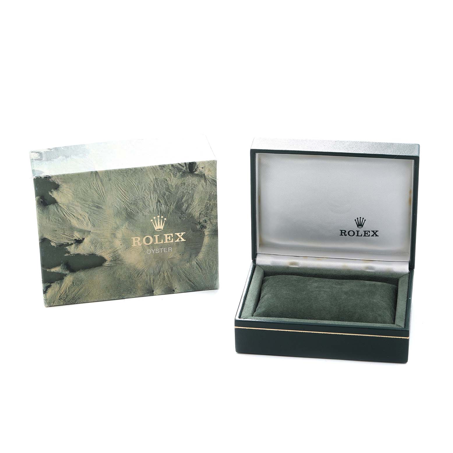 The image shows a Rolex Datejust 16014 Men
s Stainless Steel Silver Dial box and outer casing, viewed from the front, without the watch inside.