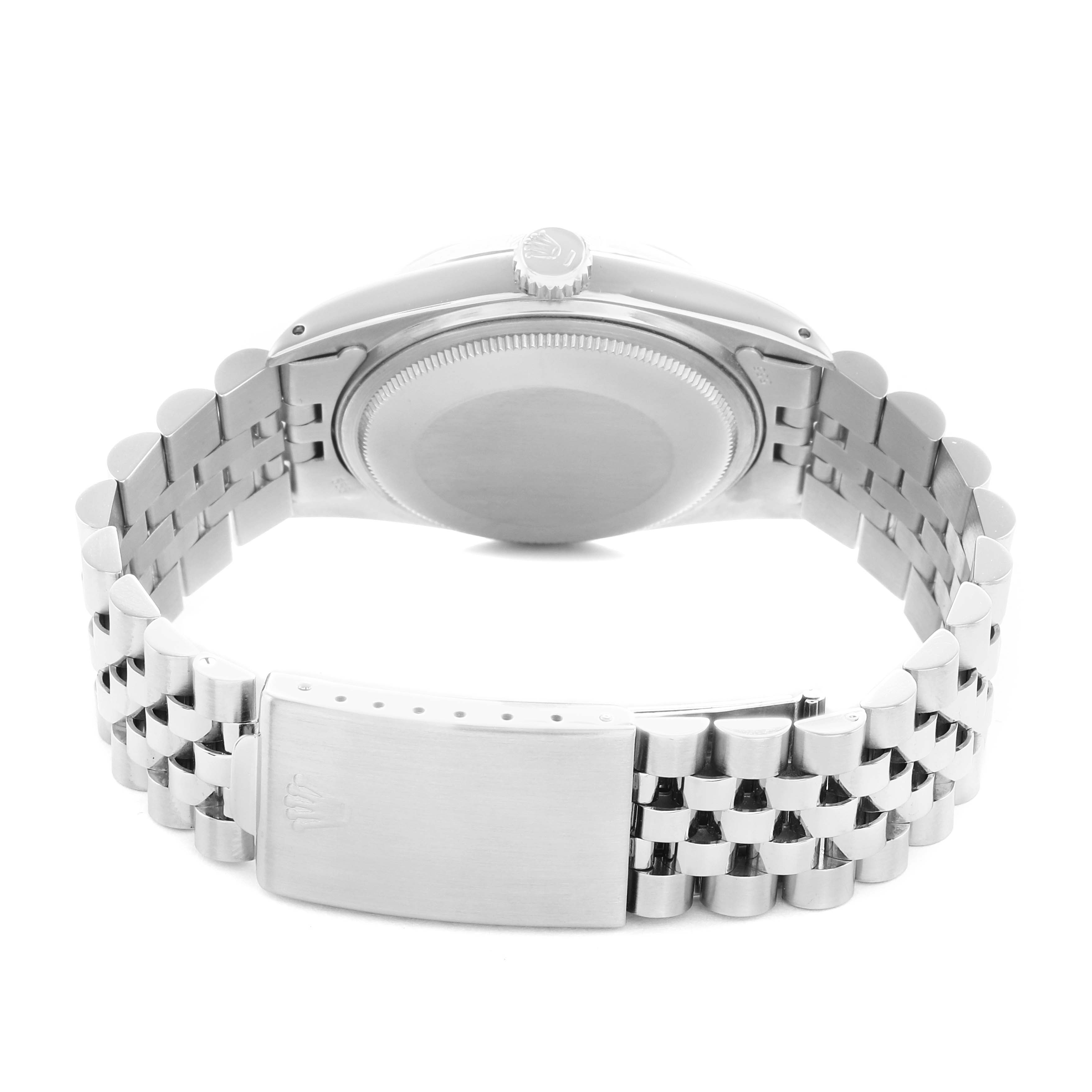 The image shows the back view of a Rolex Datejust 16014 Men
s Stainless Steel Silver Dial watch, featuring the clasp and bracelet in detail.