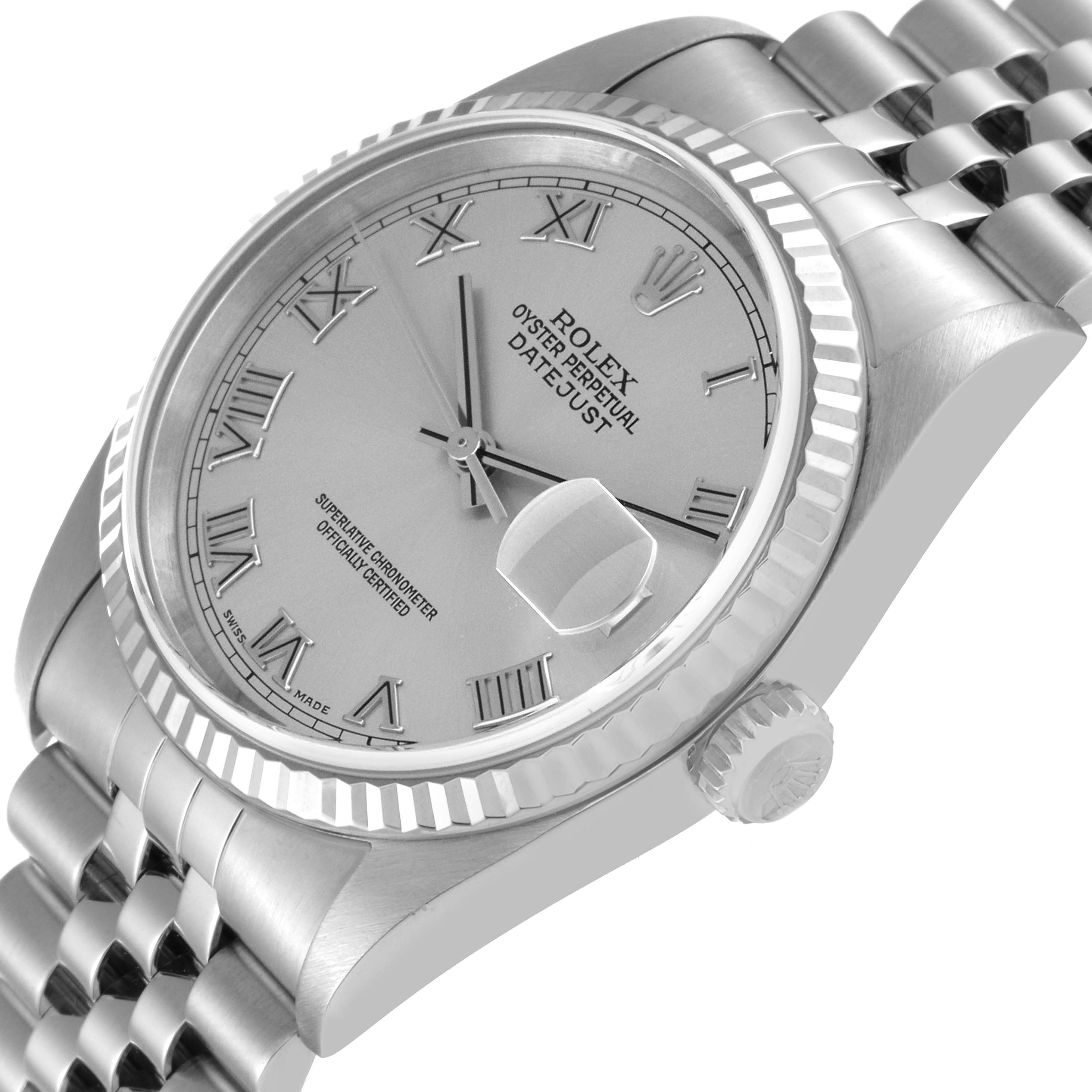The image shows a side angle of the Rolex Datejust 16234 Men's Stainless Steel Silver Dial 16234 Men's Stainless Steel Silver Dial watch, highlighting its face, bezel, crown, and part of the bracelet.