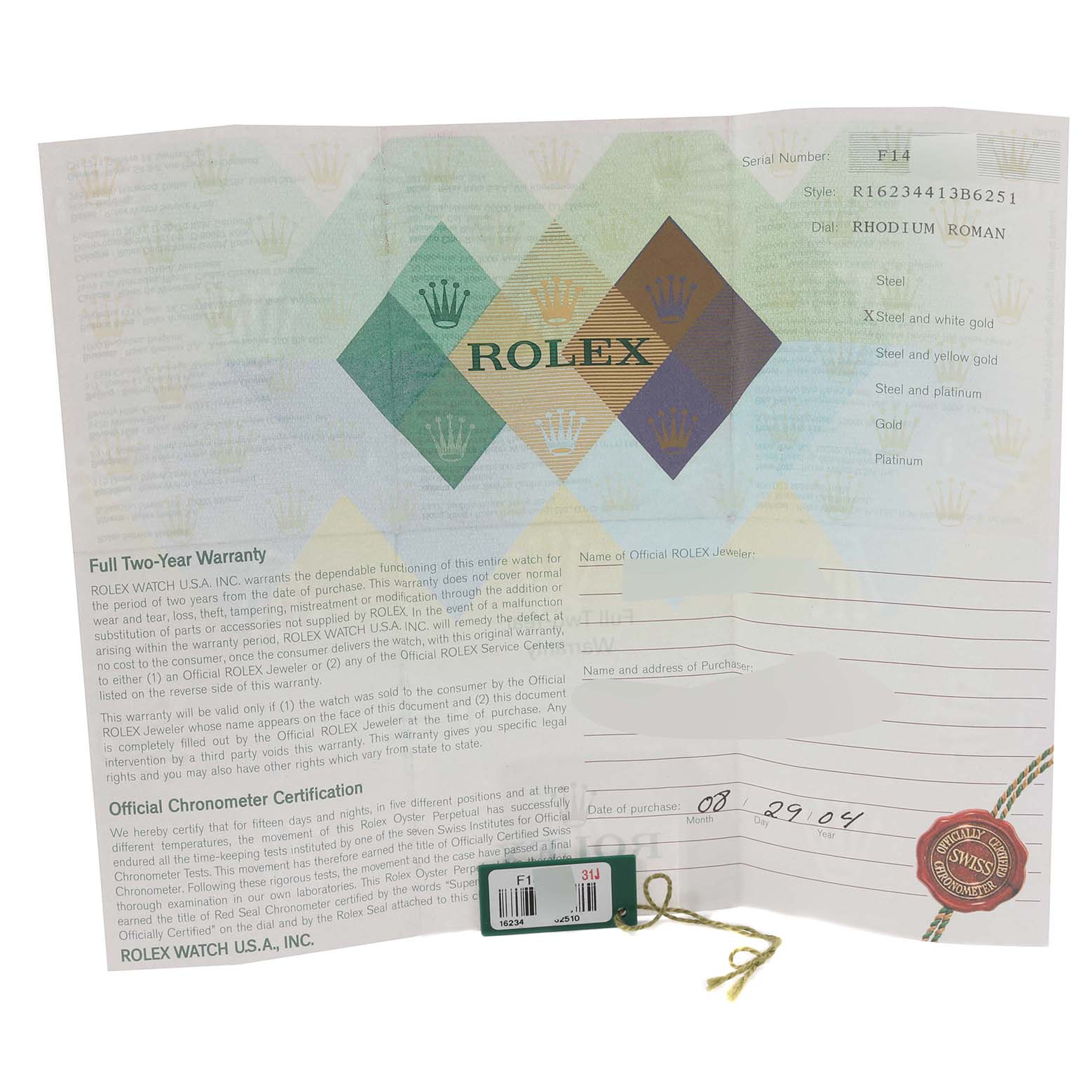 The image showcases a warranty certificate and tag for a Rolex Datejust 16234 Men's Stainless Steel Silver Dial 16234 Men's Stainless Steel Silver Dial watch, detailing its specifications and purchase information.