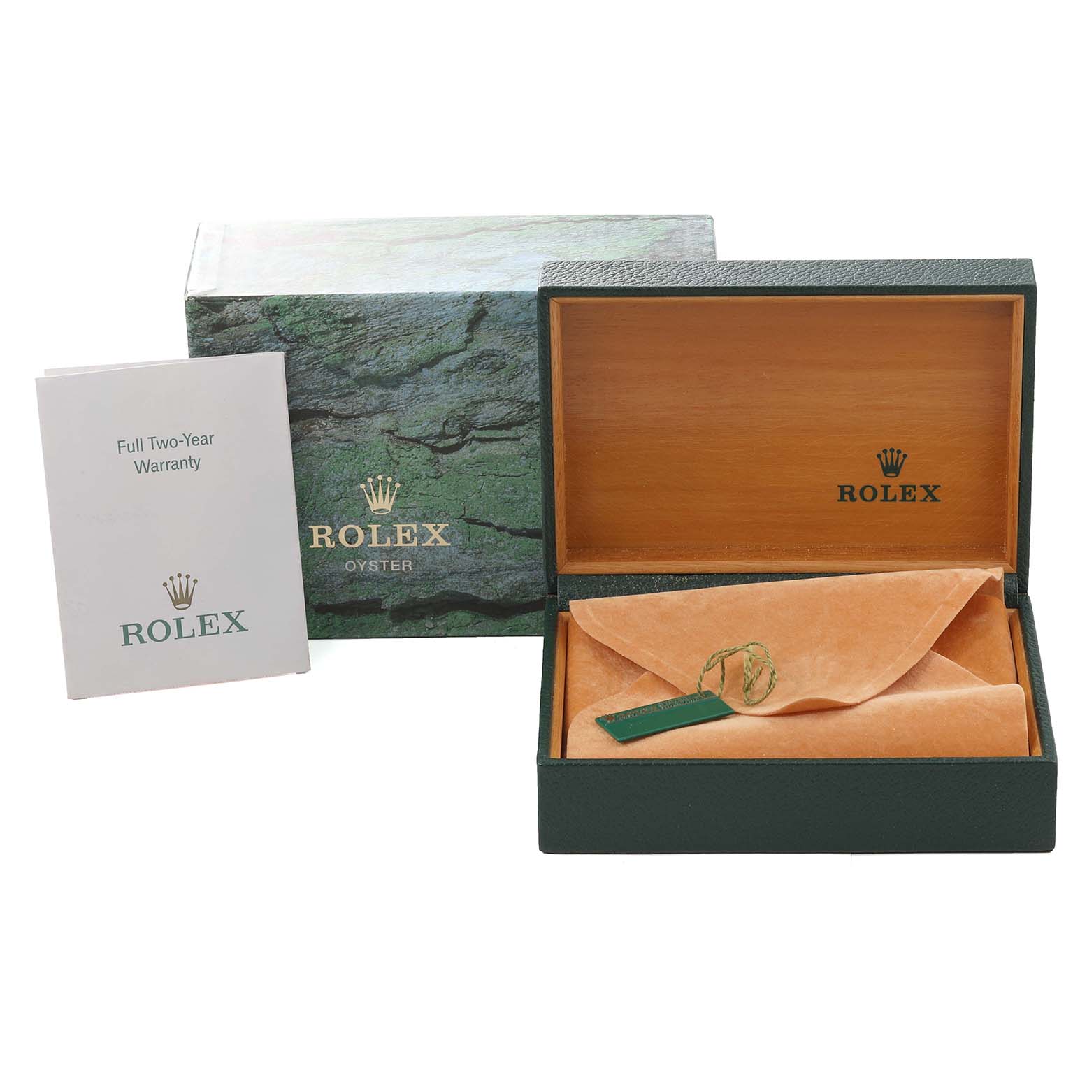 The image shows a Rolex Datejust 16234 Men's Stainless Steel Silver Dial 16234 Men's Stainless Steel Silver Dial packaging set, including the box, warranty booklet, and a watch pouch.