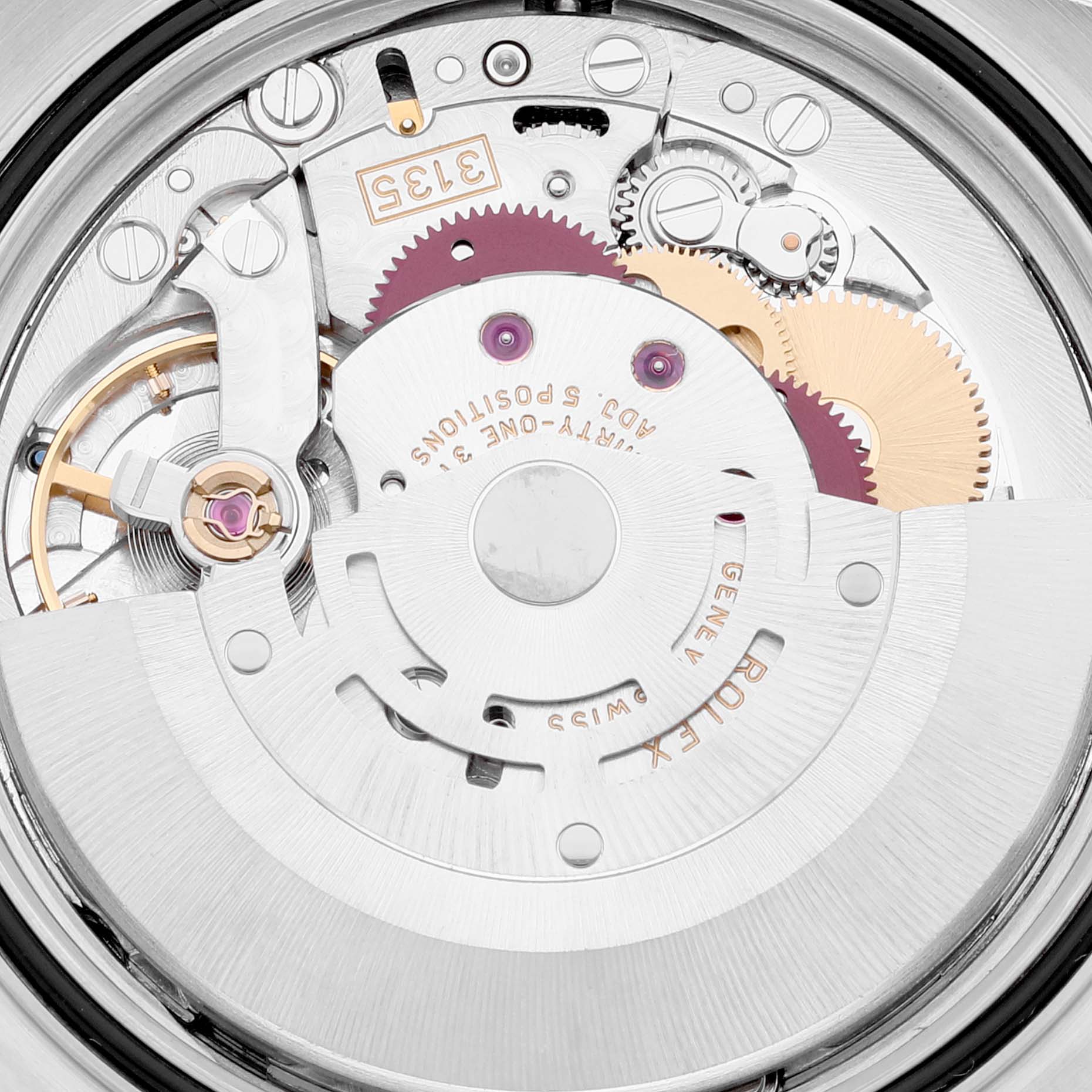 The image shows a close-up view of the inner mechanical movement of a Rolex Datejust 16234 Men's Stainless Steel Silver Dial 16234 Men's Stainless Steel Silver Dial watch, highlighting its intricate gears and components.