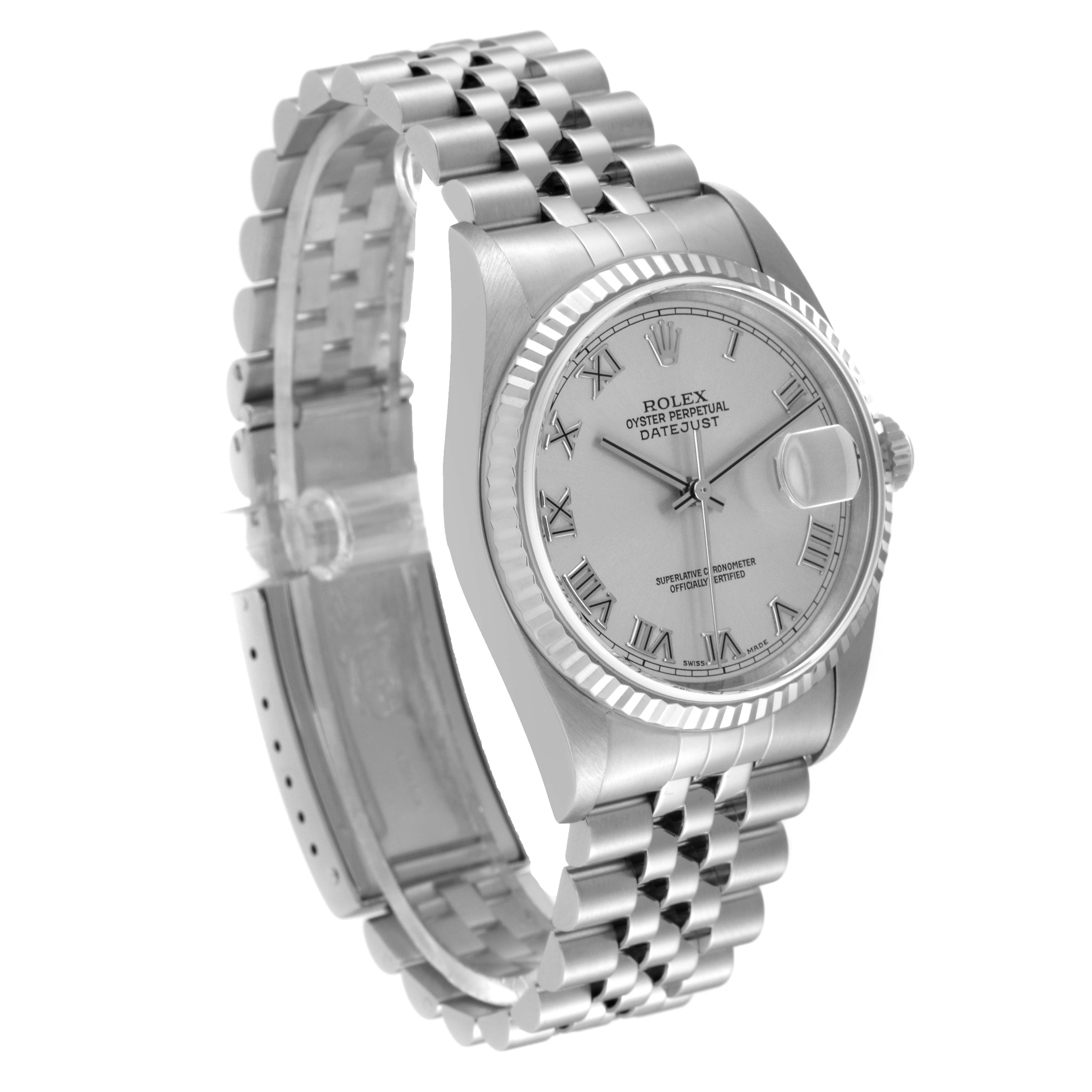 The image shows the front and side view of a Rolex Datejust 16234 Men's Stainless Steel Silver Dial 16234 Men's Stainless Steel Silver Dial watch, highlighting its dial, case, and bracelet.