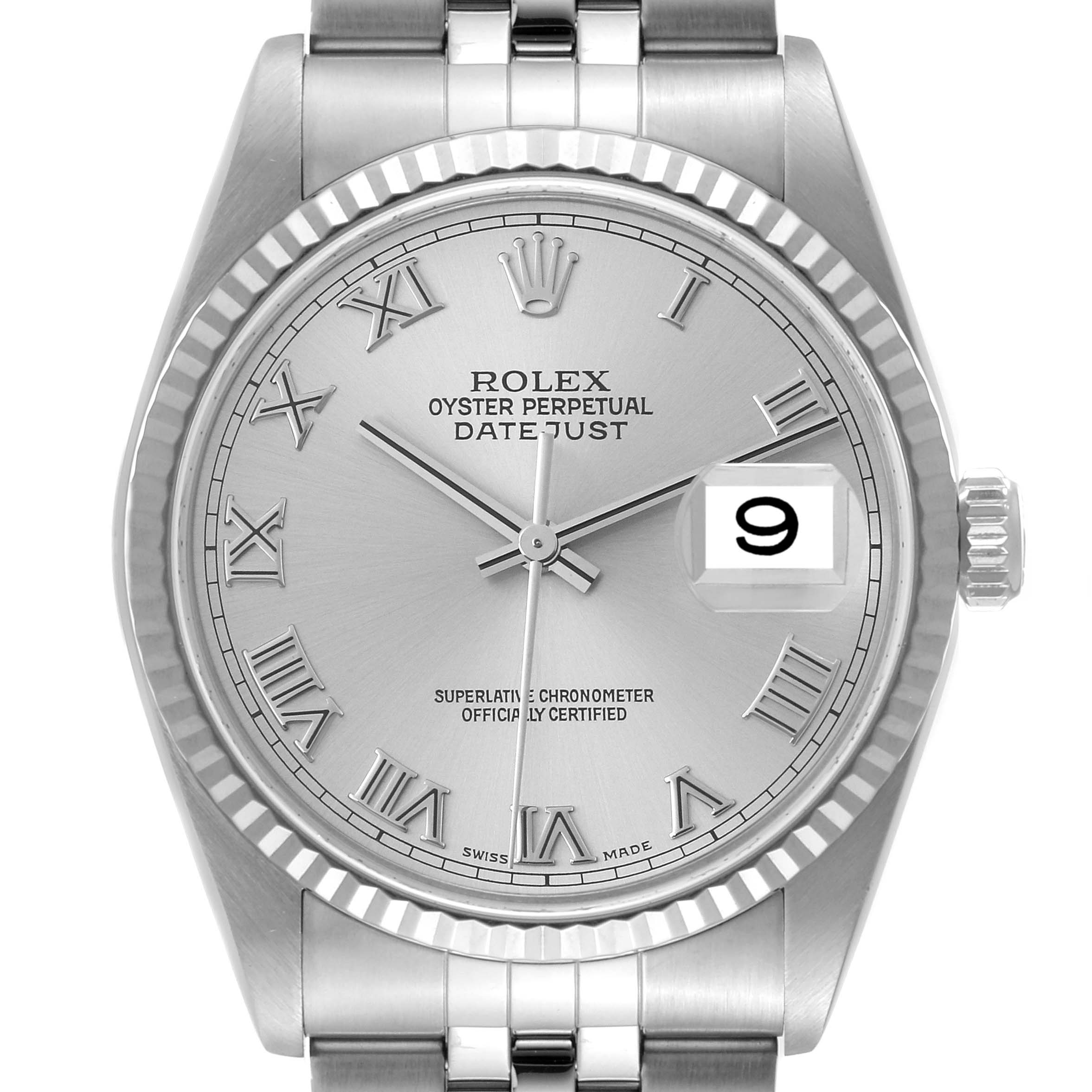The image shows a front-facing view of a Rolex Datejust 16234 Men's Stainless Steel Silver Dial 16234 Men's Stainless Steel Silver Dial watch, highlighting the dial, bezel, bracelet, and date window.