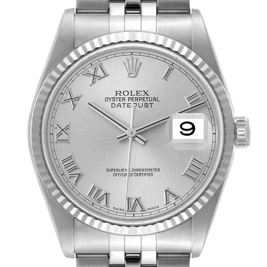 Rolex Datejust 36 Steel White Gold Silver Roman Dial Mens Watch 16234 Box Papers SwissWatchExpo