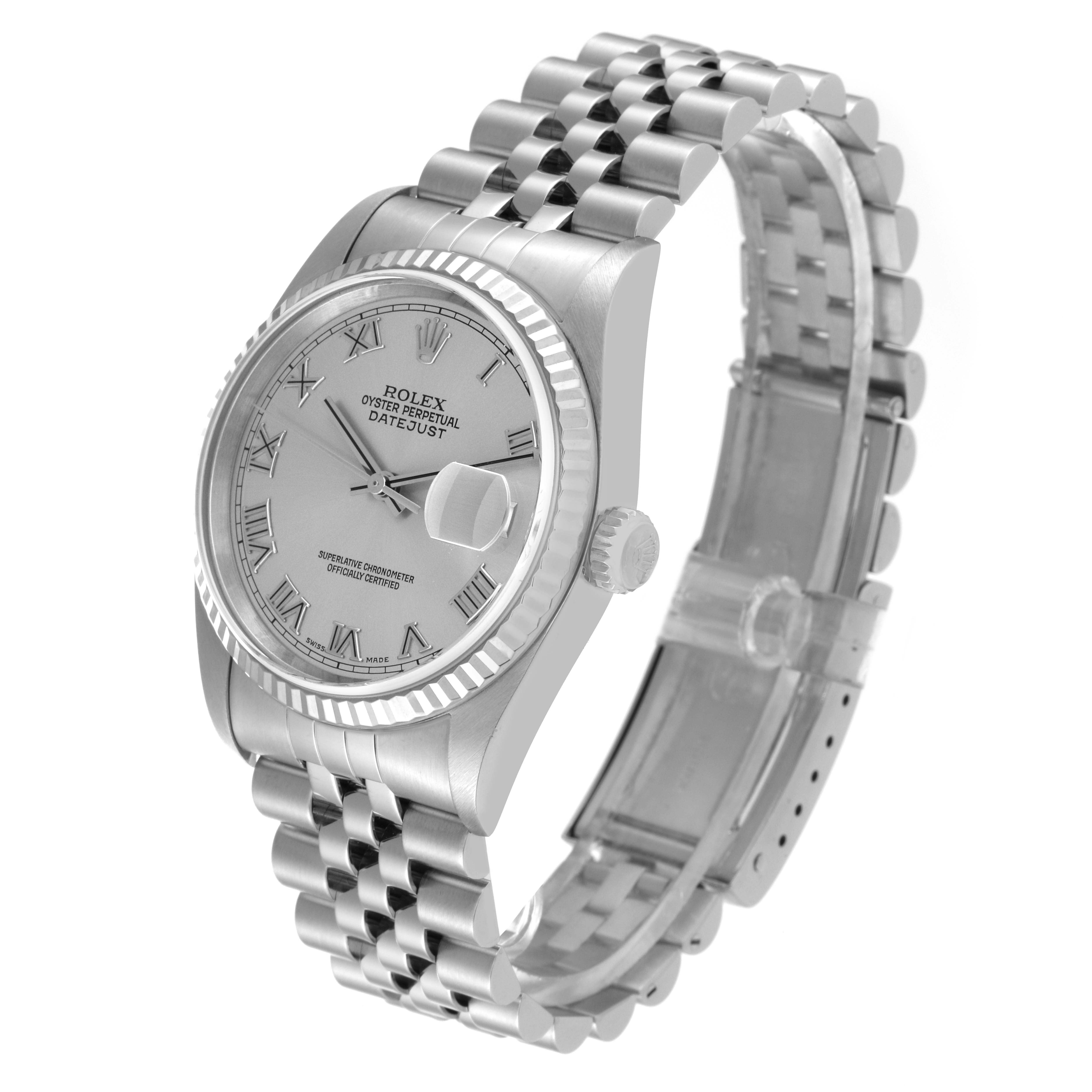 The image shows a Rolex Datejust 16234 Men's Stainless Steel Silver Dial 16234 Men's Stainless Steel Silver Dial watch, angled to reveal the face, crown, and bracelet with its jubilee links.