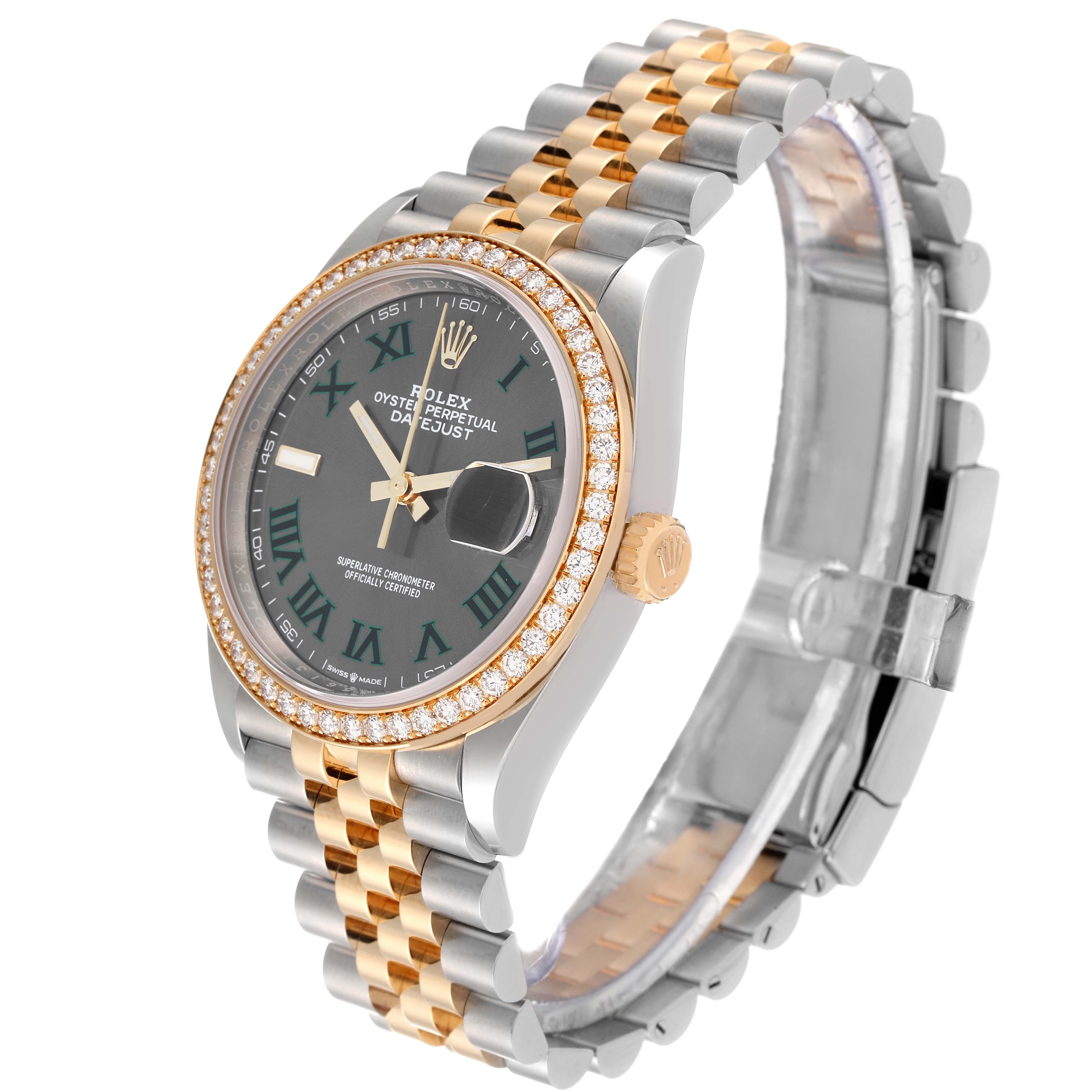 This image shows a side angle of the Rolex Datejust 126283 Men's Steel and Gold (two tone) Grey Dial 126283 Men's Steel and Gold (two tone) Grey Dial watch, highlighting its dial, bracelet, bezel, and crown.