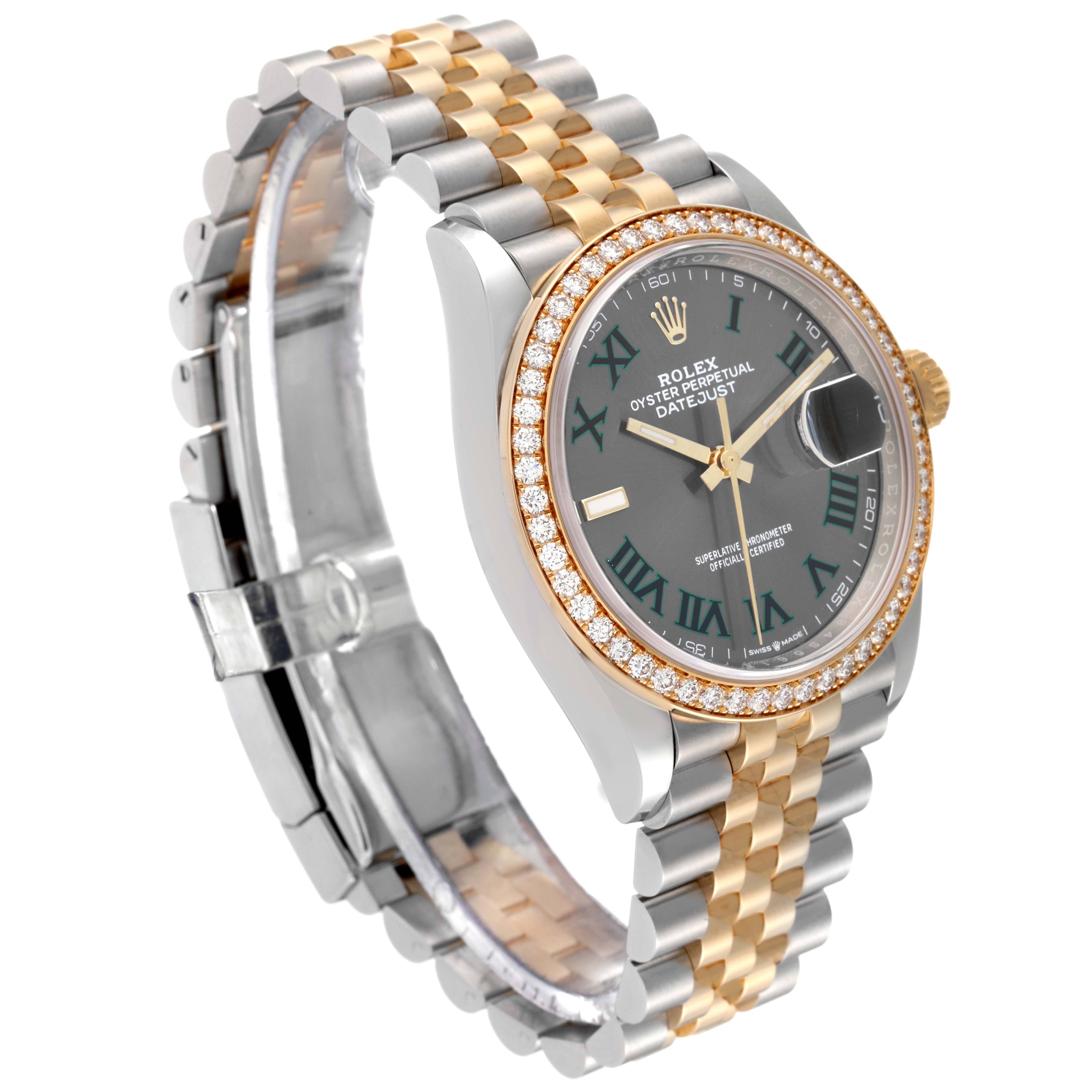 The image shows a side angle of the Rolex Datejust 126283 Men's Steel and Gold (two tone) Grey Dial 126283 Men's Steel and Gold (two tone) Grey Dial watch, highlighting its two-tone bracelet, bezel, and dial.
