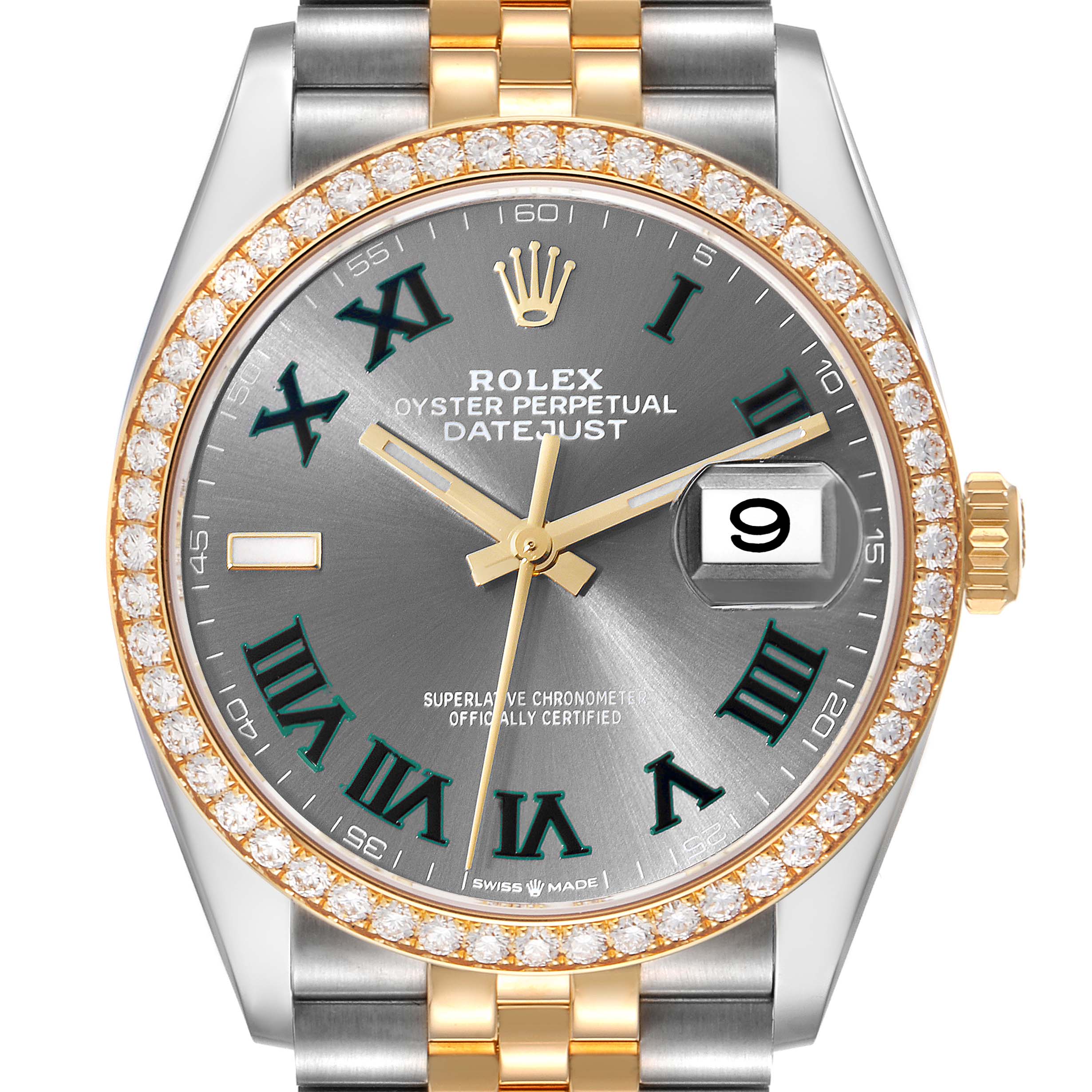 The Rolex Datejust 126283 Men's Steel and Gold (two tone) Grey Dial 126283 Men's Steel and Gold (two tone) Grey Dial watch is shown from a front angle, highlighting its dial, bezel, and part of the bracelet.