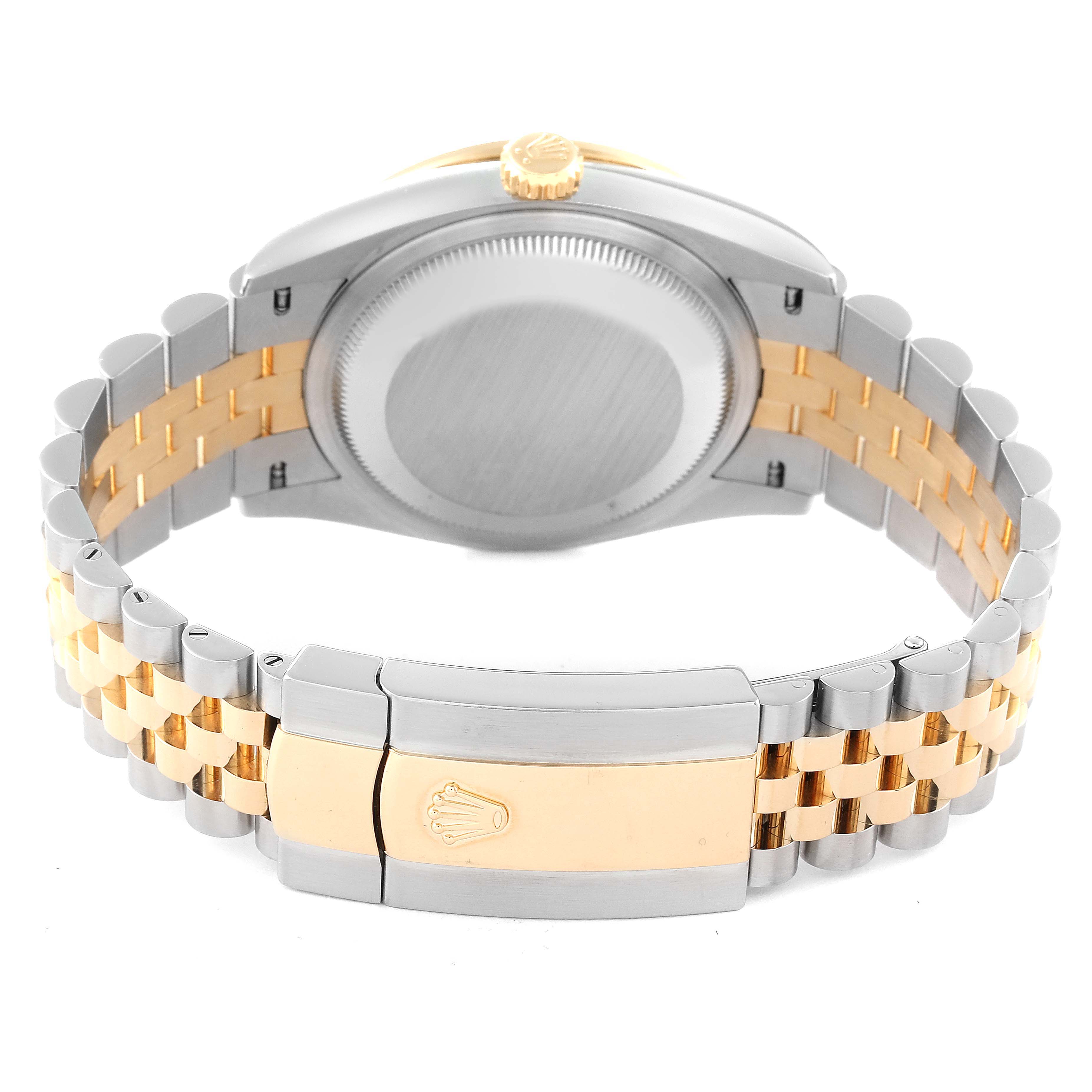 The image shows the back of a Rolex Datejust 126283 Men's Steel and Gold (two tone) Grey Dial 126283 Men's Steel and Gold (two tone) Grey Dial watch, focusing on the case back and the two-tone bracelet with a Rolex clasp.
