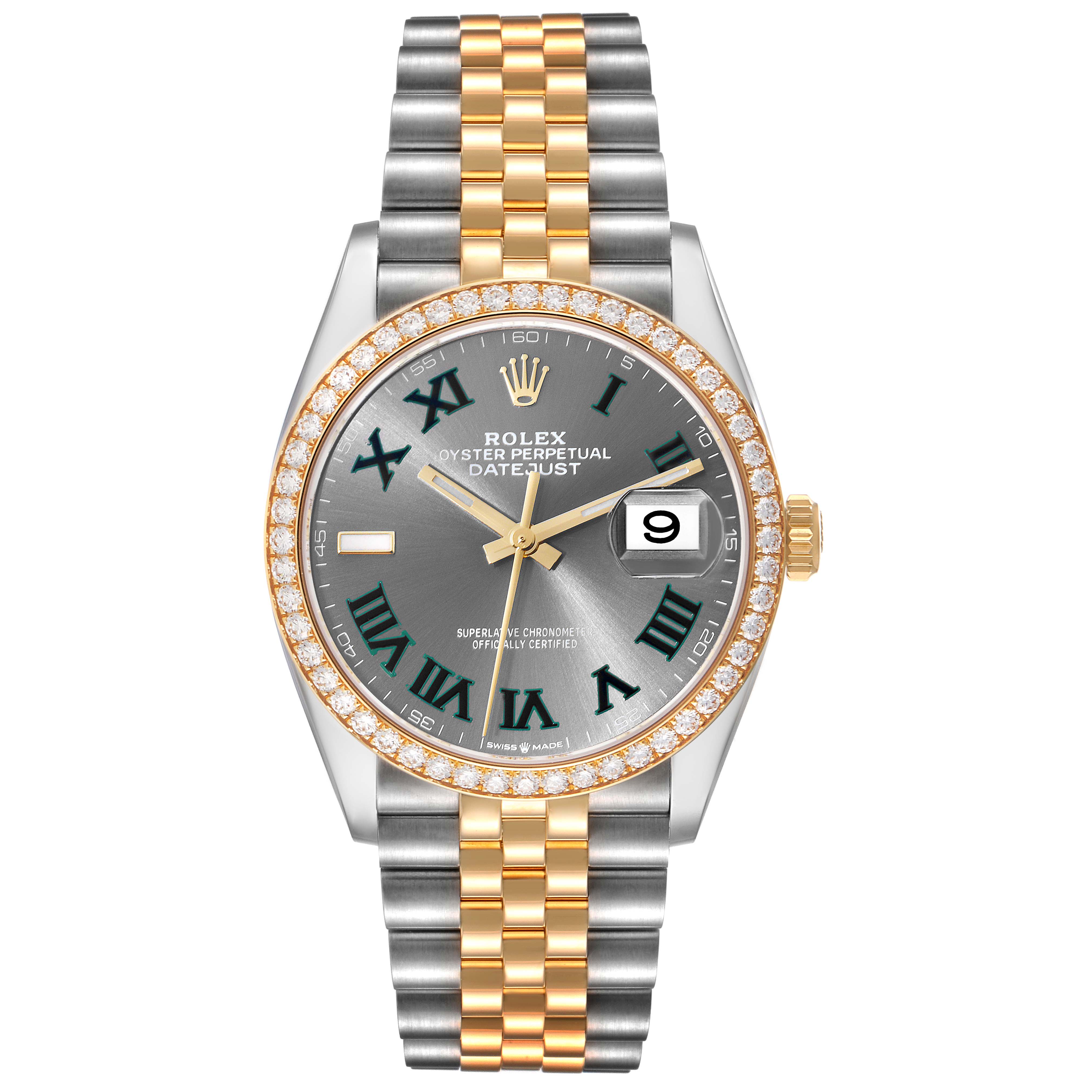 This Rolex Datejust 126283 Men's Steel and Gold (two tone) Grey Dial 126283 Men's Steel and Gold (two tone) Grey Dial watch is shown from the front, displaying its face, bezel, crown, and bracelet.