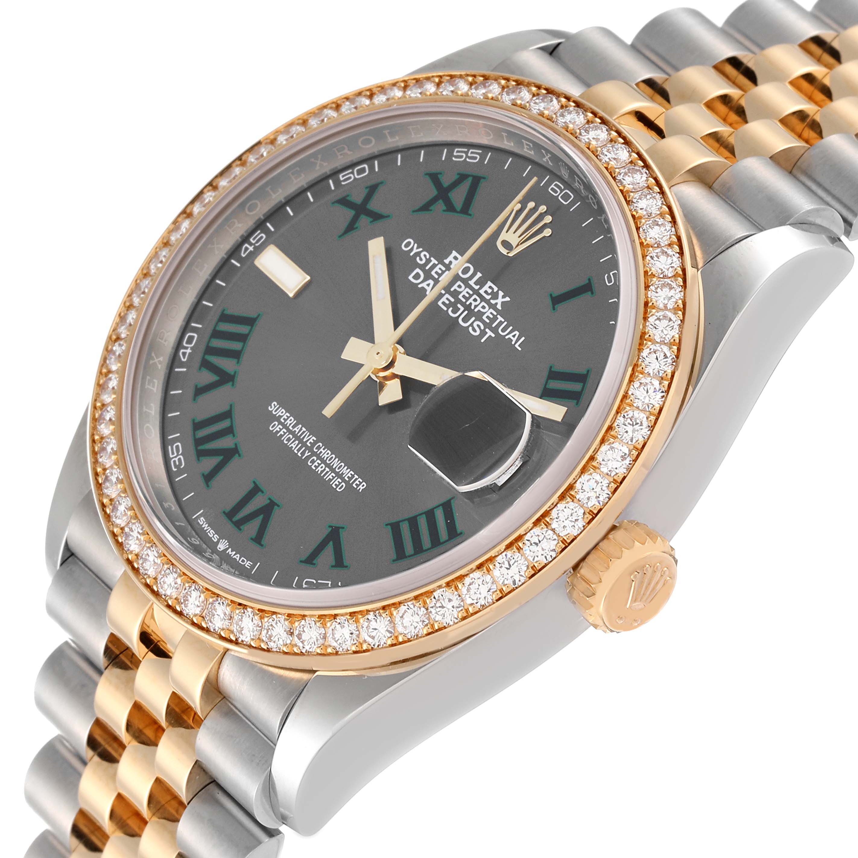 The image shows a Rolex Datejust 126283 Men's Steel and Gold (two tone) Grey Dial 126283 Men's Steel and Gold (two tone) Grey Dial watch from an oblique angle, highlighting the bezel, crown, face, and bracelet.
