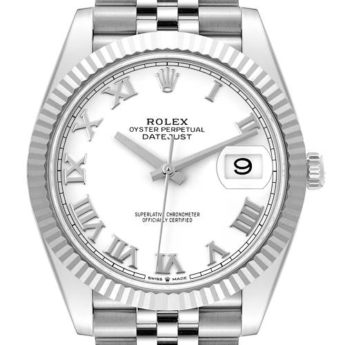 The image shows a front view of the Rolex Datejust 41, highlighting its dial, fluted bezel, and bracelet.