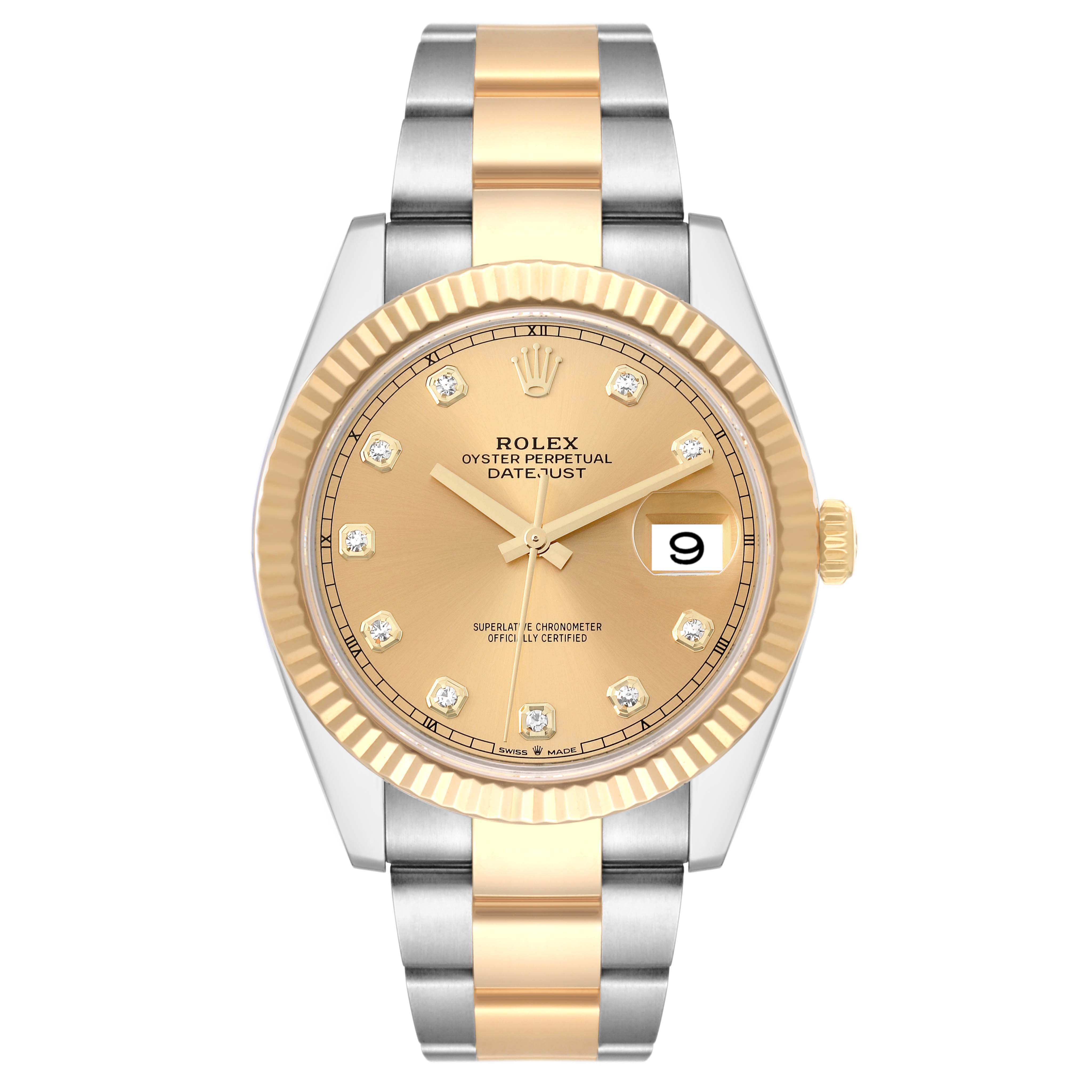 This Rolex Datejust 41 126333 Men's Steel and Gold (two tone) Champagne Dial 126333 Men's Steel and Gold (two tone) Champagne Dial watch is shown from the front, highlighting the dial, case, and two-tone bracelet.