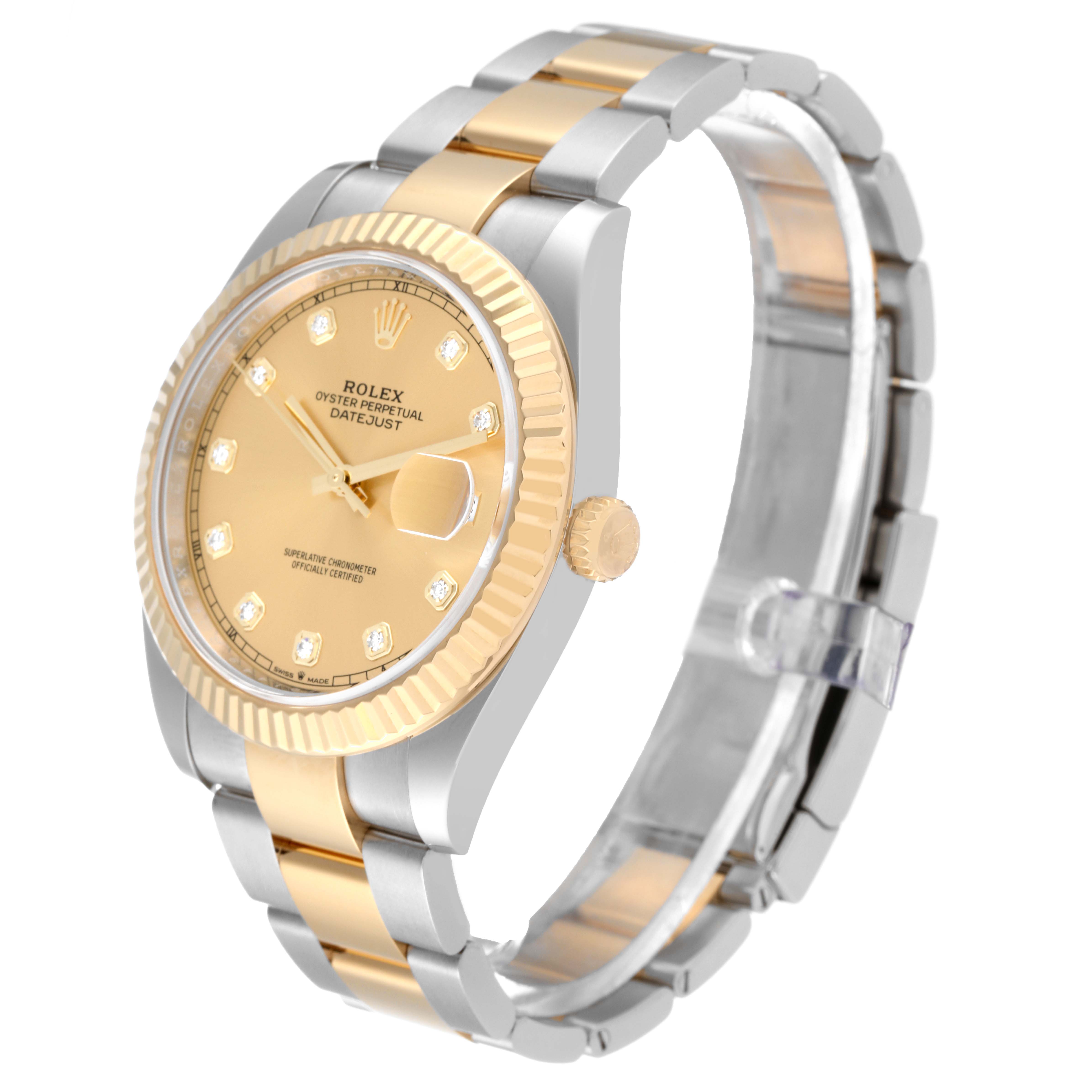 The image shows a Rolex Datejust 41 126333 Men's Steel and Gold (two tone) Champagne Dial 126333 Men's Steel and Gold (two tone) Champagne Dial watch from a three-quarter angle, highlighting its gold and silver bracelet, fluted bezel, and champagne dial.