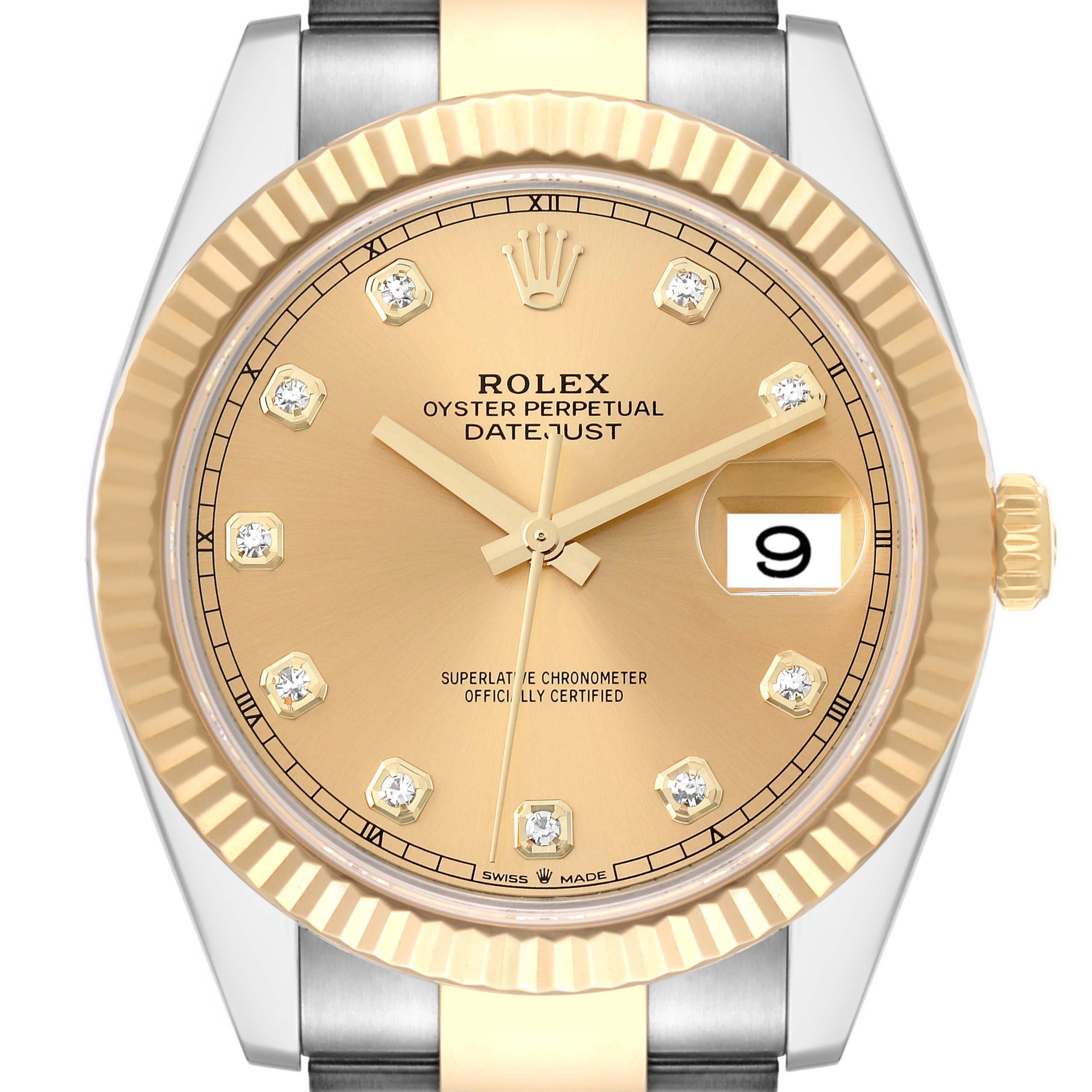The image shows a head-on view of a Rolex Datejust 41 126333 Men's Steel and Gold (two tone) Champagne Dial 126333 Men's Steel and Gold (two tone) Champagne Dial watch, focusing on the dial, bezel, crown, and part of the strap.
